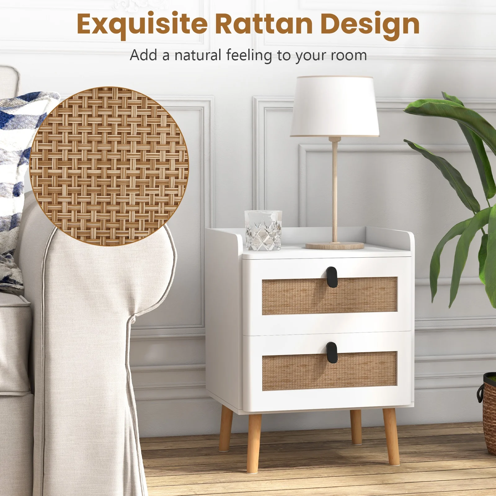 Modern End Table, 2 Rattan Drawers, White - Image 9
