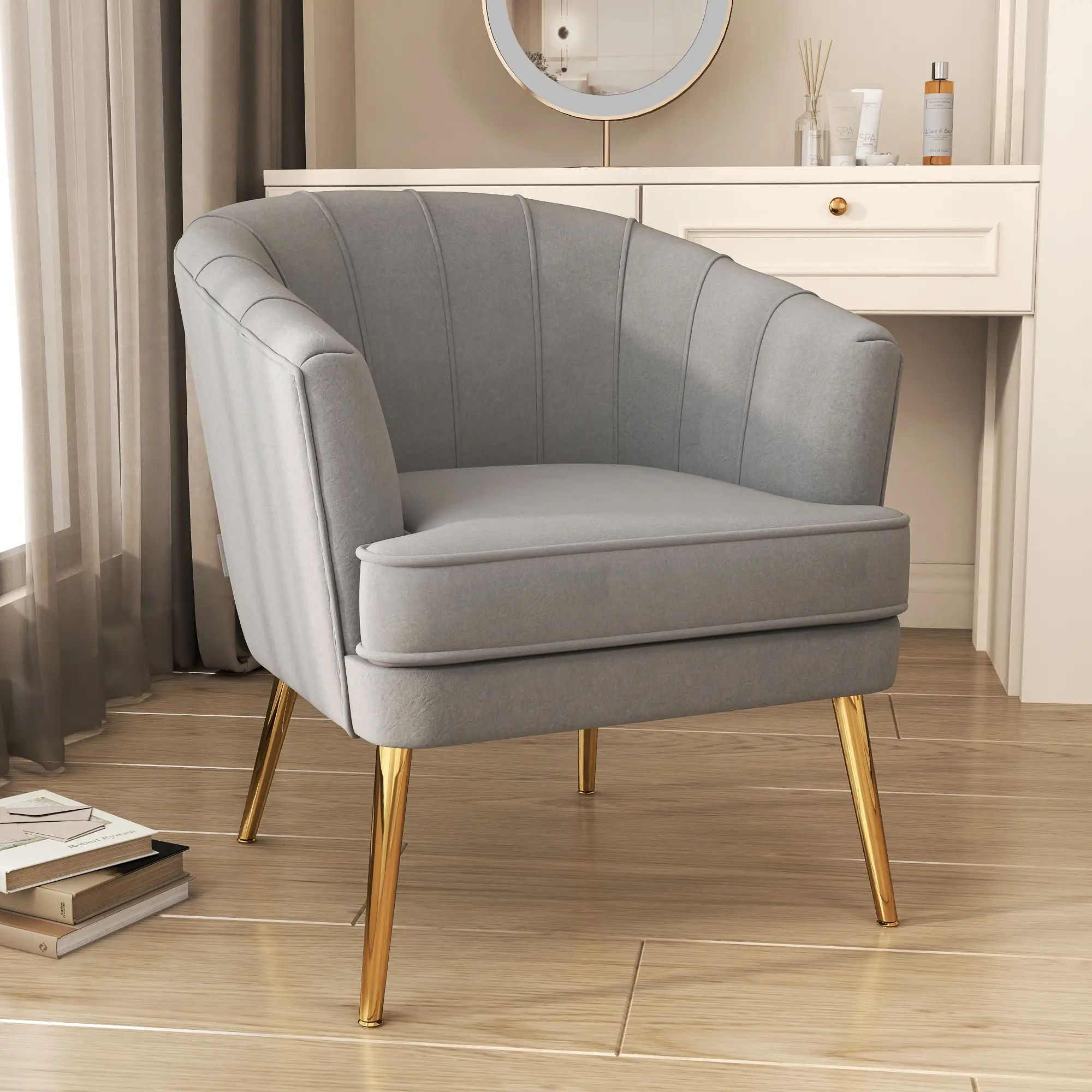 Modern Fabric Armchair, Gold Metal Legs, Living Room, Bedroom, Grey - Image 2