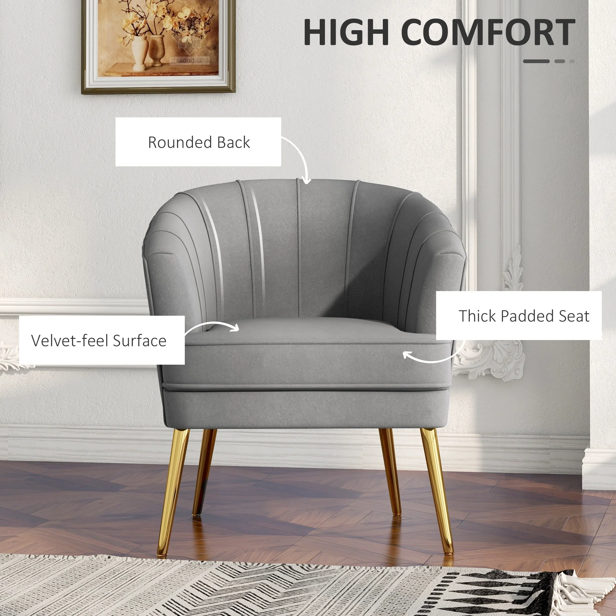 Modern Fabric Armchair, Gold Metal Legs, Living Room, Bedroom, Grey - Image 4