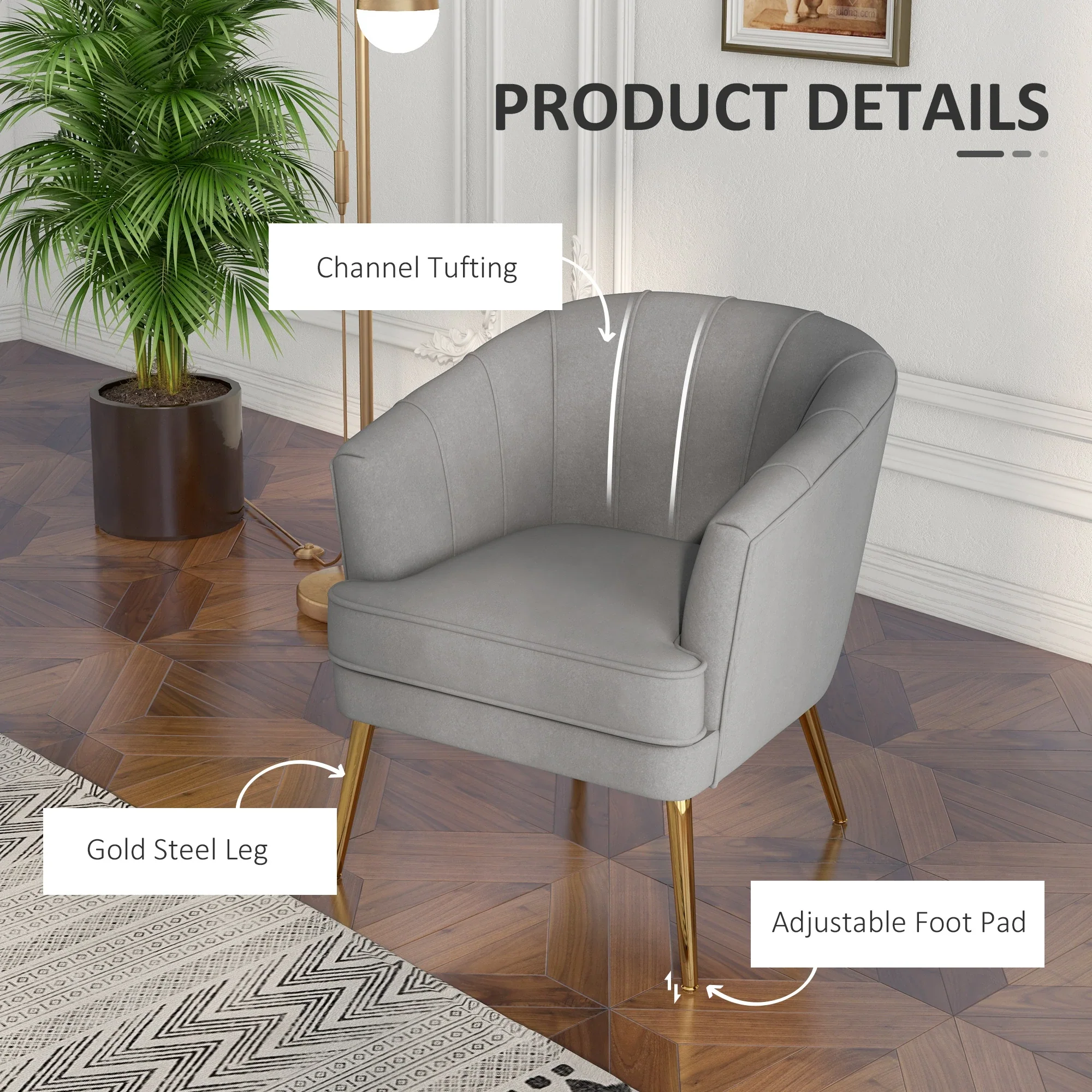 Modern Fabric Armchair, Gold Metal Legs, Living Room, Bedroom, Grey - Image 5