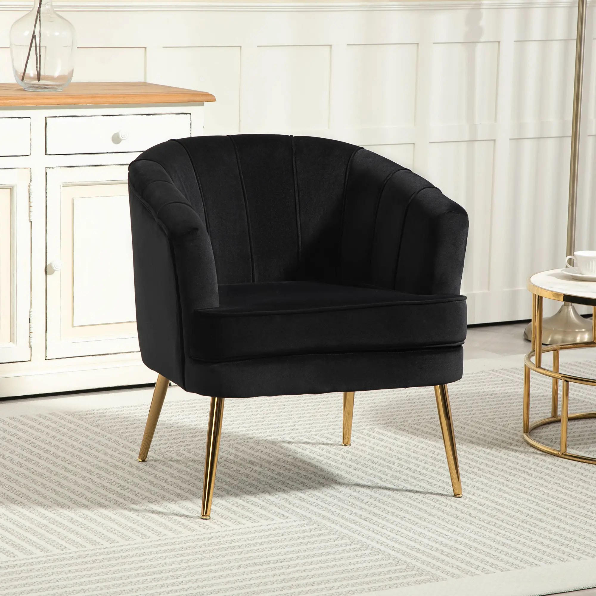 Modern Fabric Armchair, Gold Metal Legs, Living Room, Black - Image 2