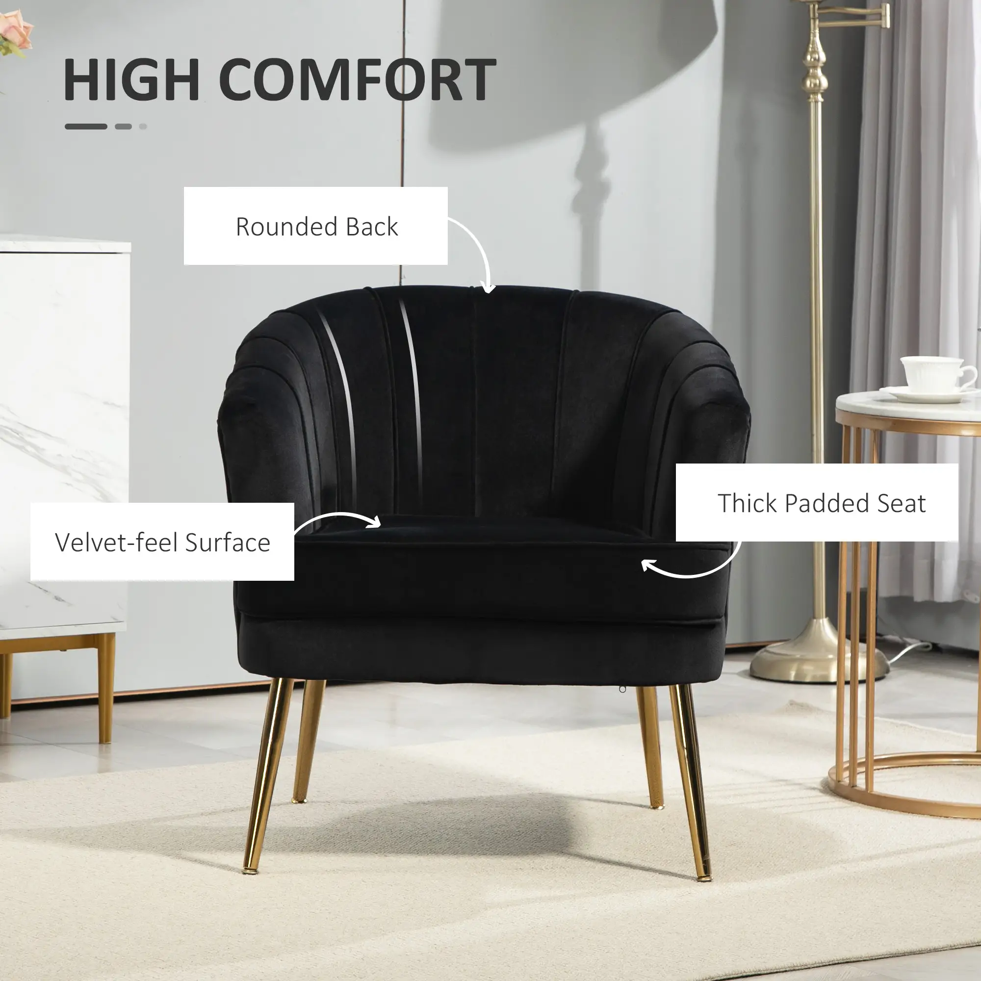Modern Fabric Armchair, Gold Metal Legs, Living Room, Black - Image 4