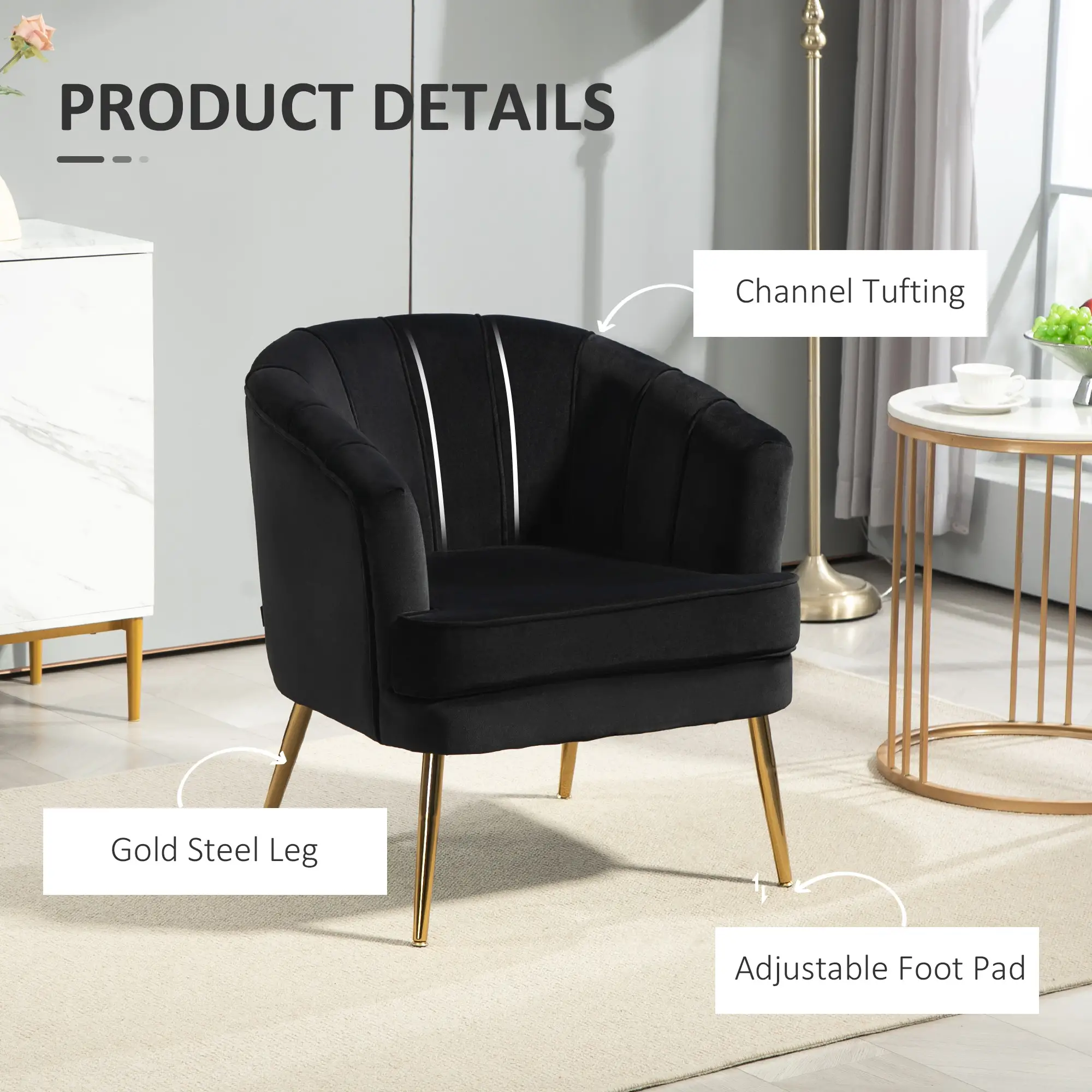 Modern Fabric Armchair, Gold Metal Legs, Living Room, Black - Image 5