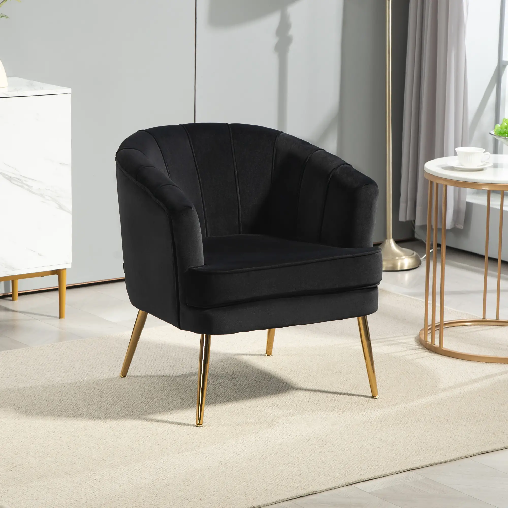 Modern Fabric Armchair, Gold Metal Legs, Living Room, Black - Image 8