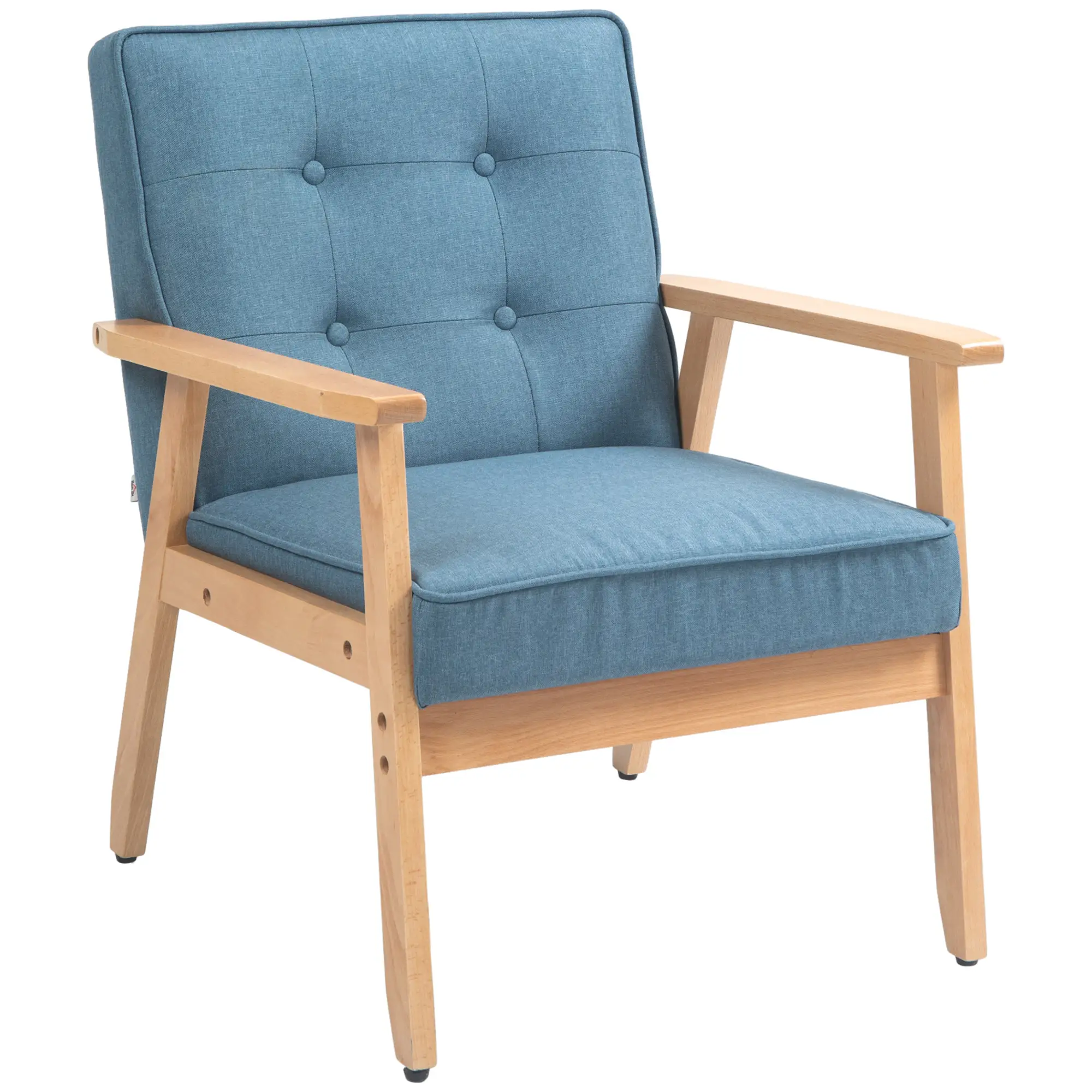 Modern Fabric Armchair, Tufted Back, Wood Legs, Thick Padding, Blue