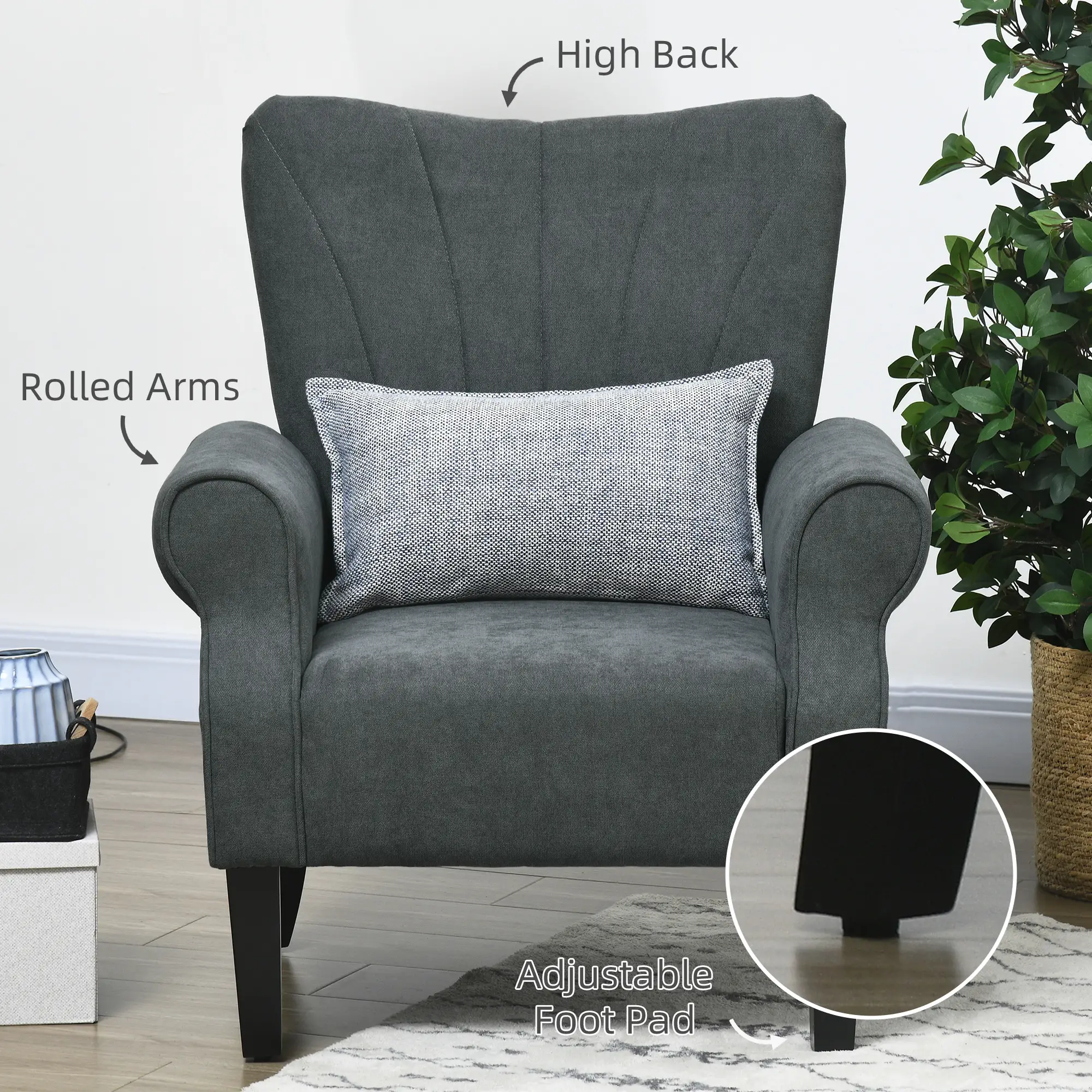 Modern Fabric Armchair, Wood Legs, Living Room, Bedroom, Dark Grey - Image 5