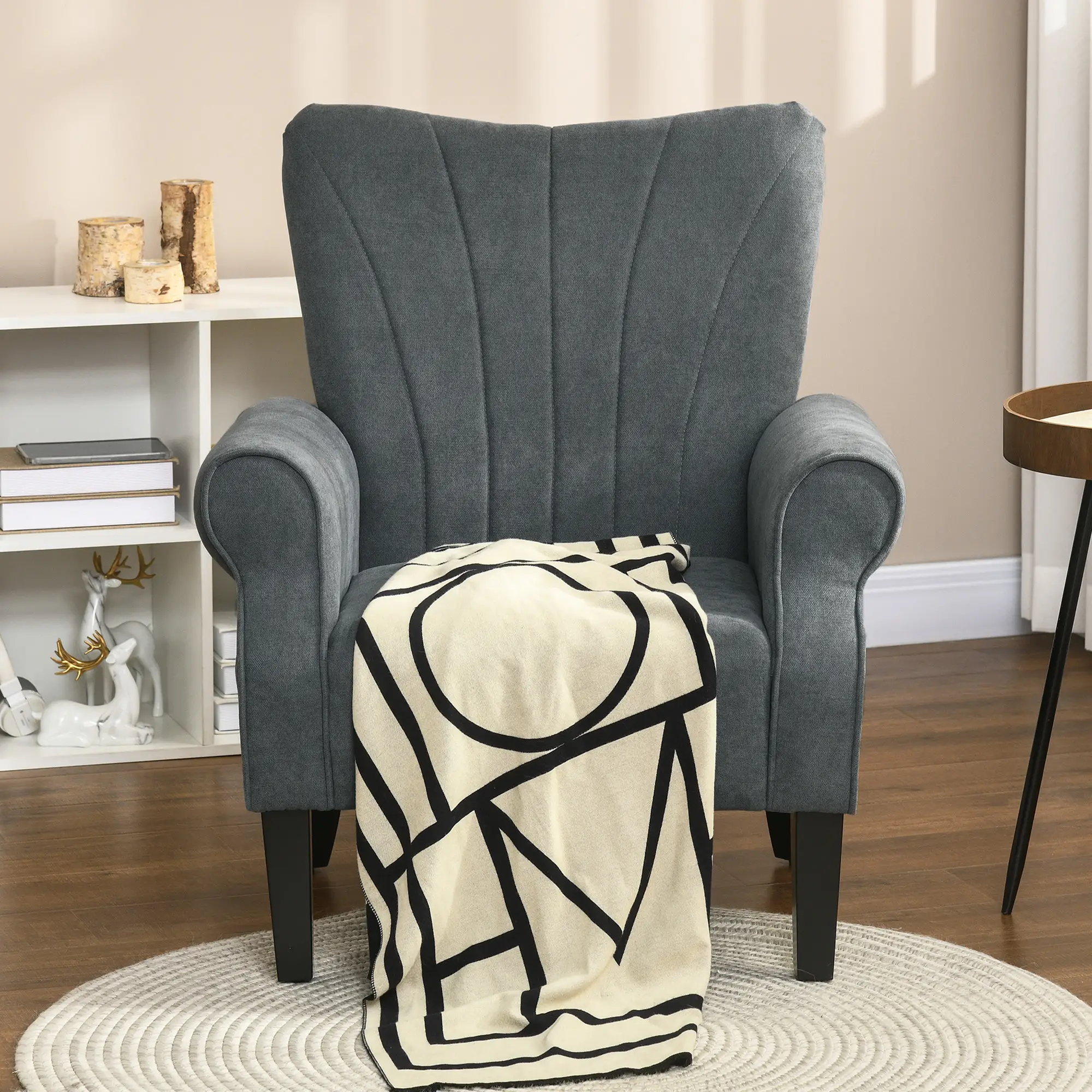 Modern Fabric Armchair, Wood Legs, Living Room, Bedroom, Dark Grey - Image 6
