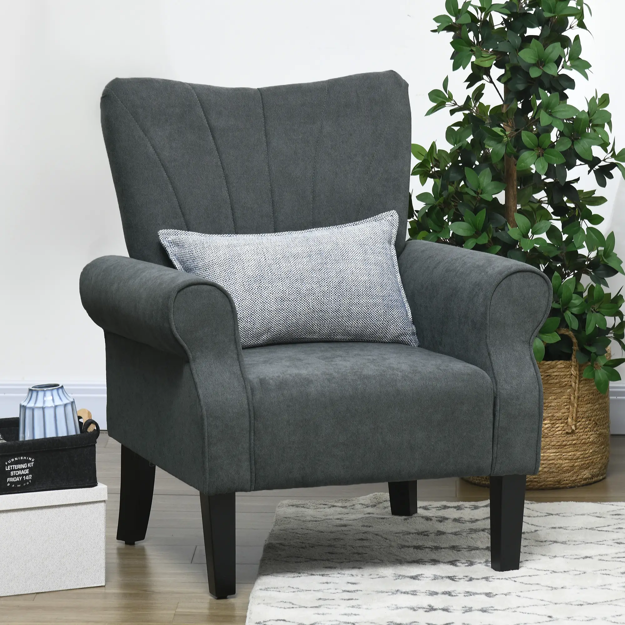 Modern Fabric Armchair, Wood Legs, Living Room, Bedroom, Dark Grey - Image 8