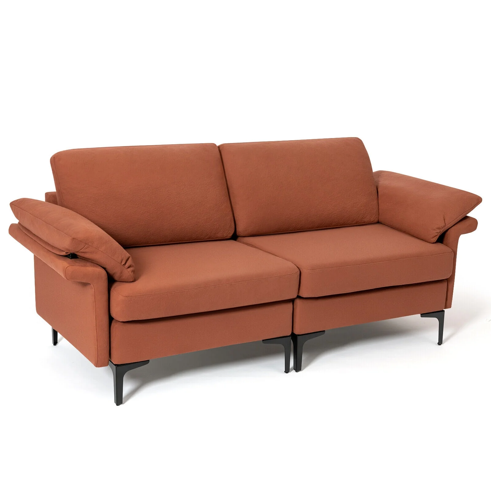 Modern Fabric Loveseat Sofa, Metal Legs, Armrest Pillows, Rust