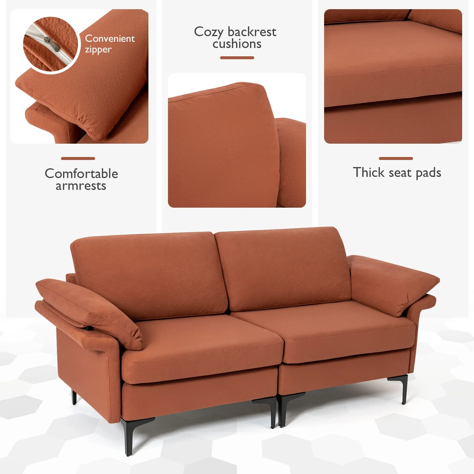 Modern Fabric Loveseat Sofa, Metal Legs, Armrest Pillows, Rust - Image 10