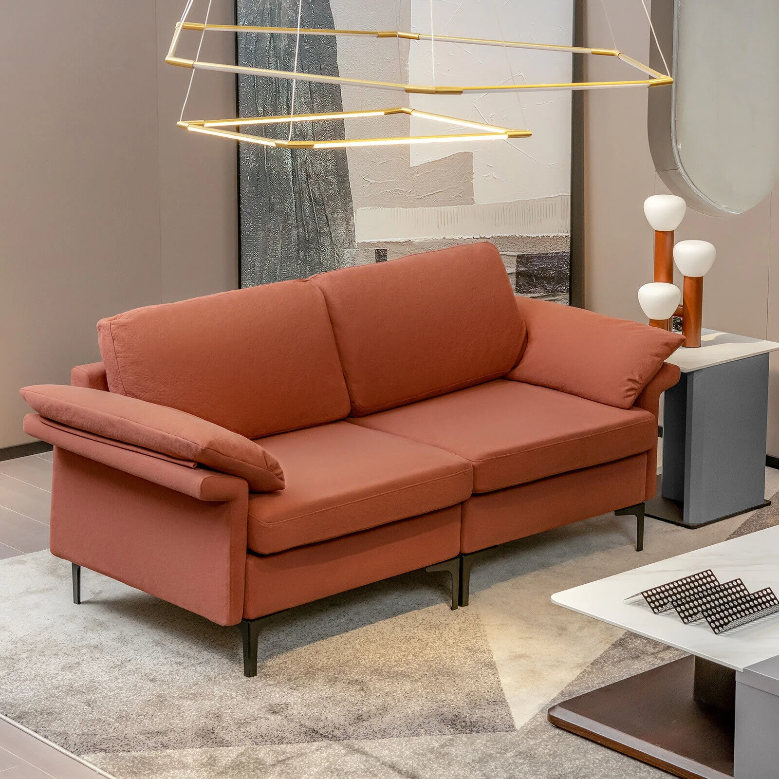 Modern Fabric Loveseat Sofa, Metal Legs, Armrest Pillows, Rust - Image 2
