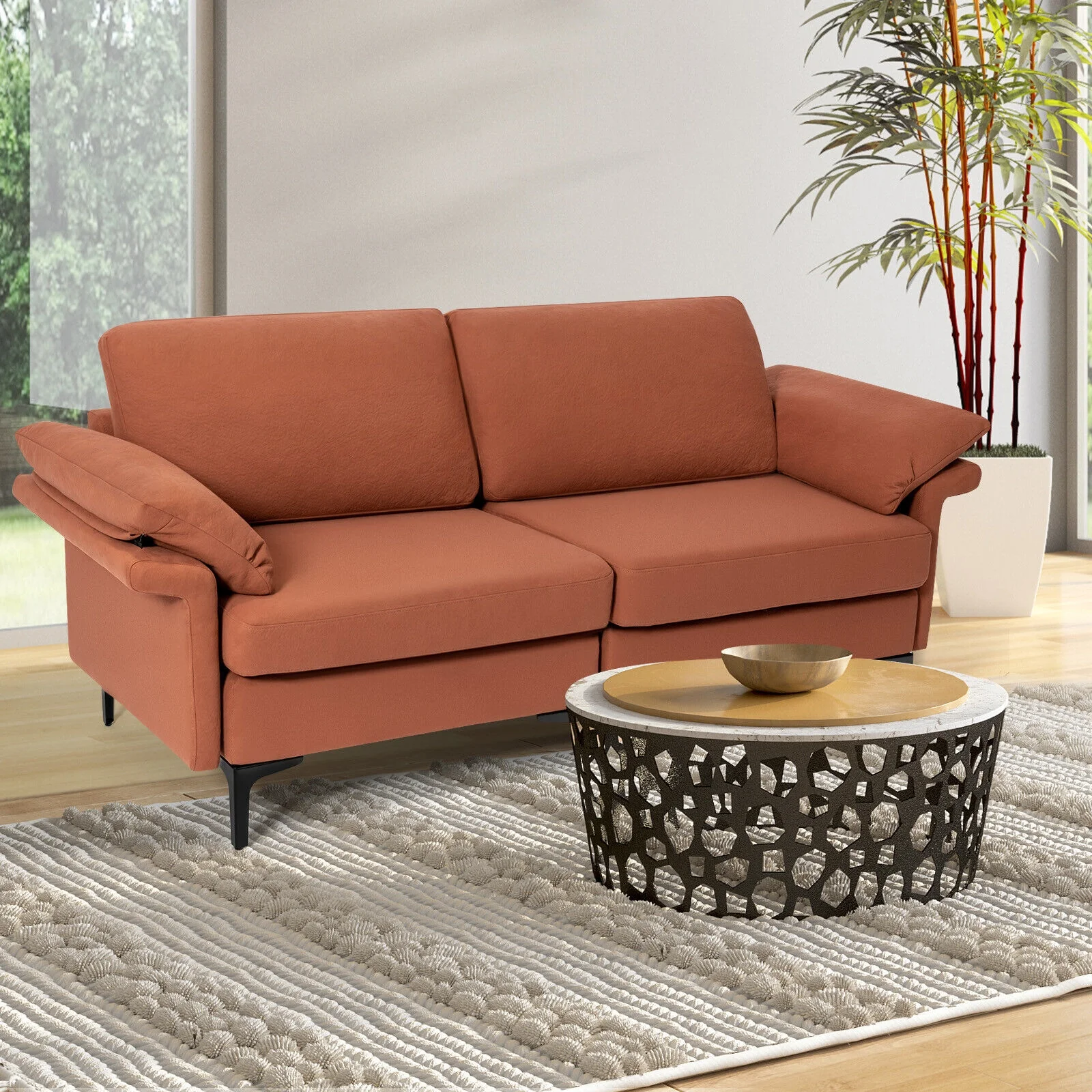 Modern Fabric Loveseat Sofa, Metal Legs, Armrest Pillows, Rust - Image 3