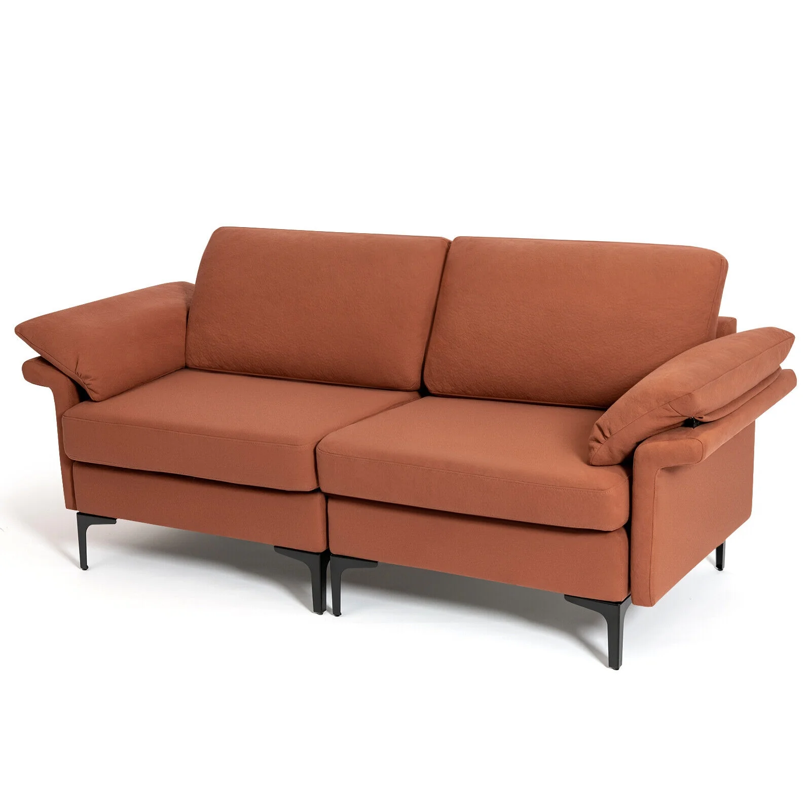 Modern Fabric Loveseat Sofa, Metal Legs, Armrest Pillows, Rust - Image 5