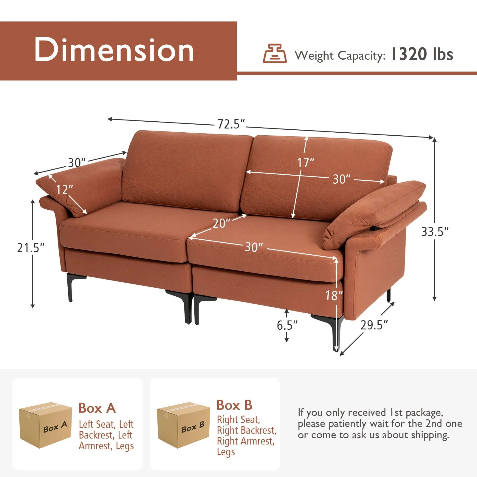 Modern Fabric Loveseat Sofa, Metal Legs, Armrest Pillows, Rust - Image 6