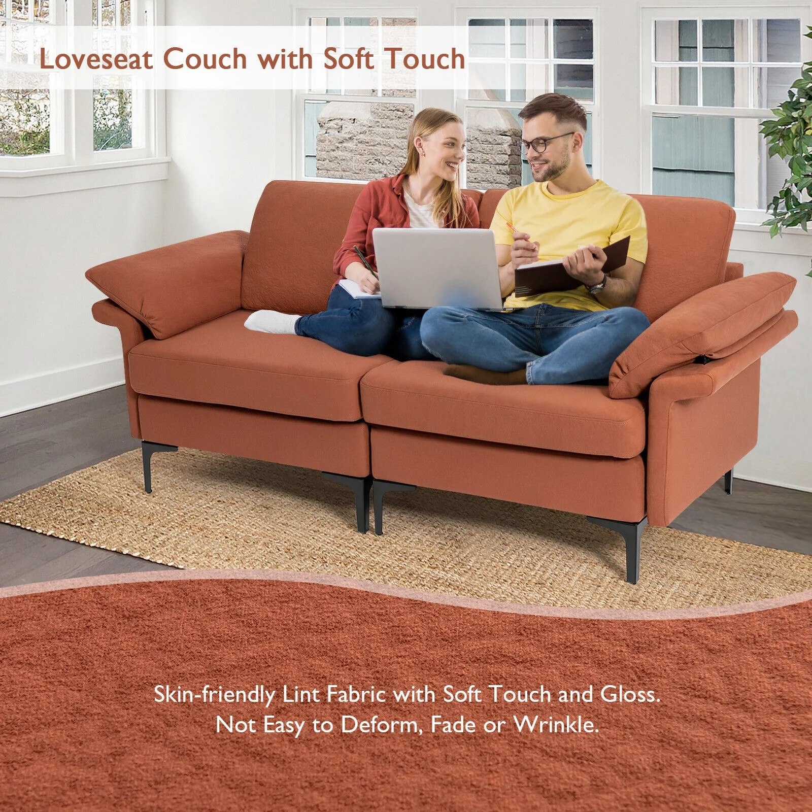 Modern Fabric Loveseat Sofa, Metal Legs, Armrest Pillows, Rust - Image 7