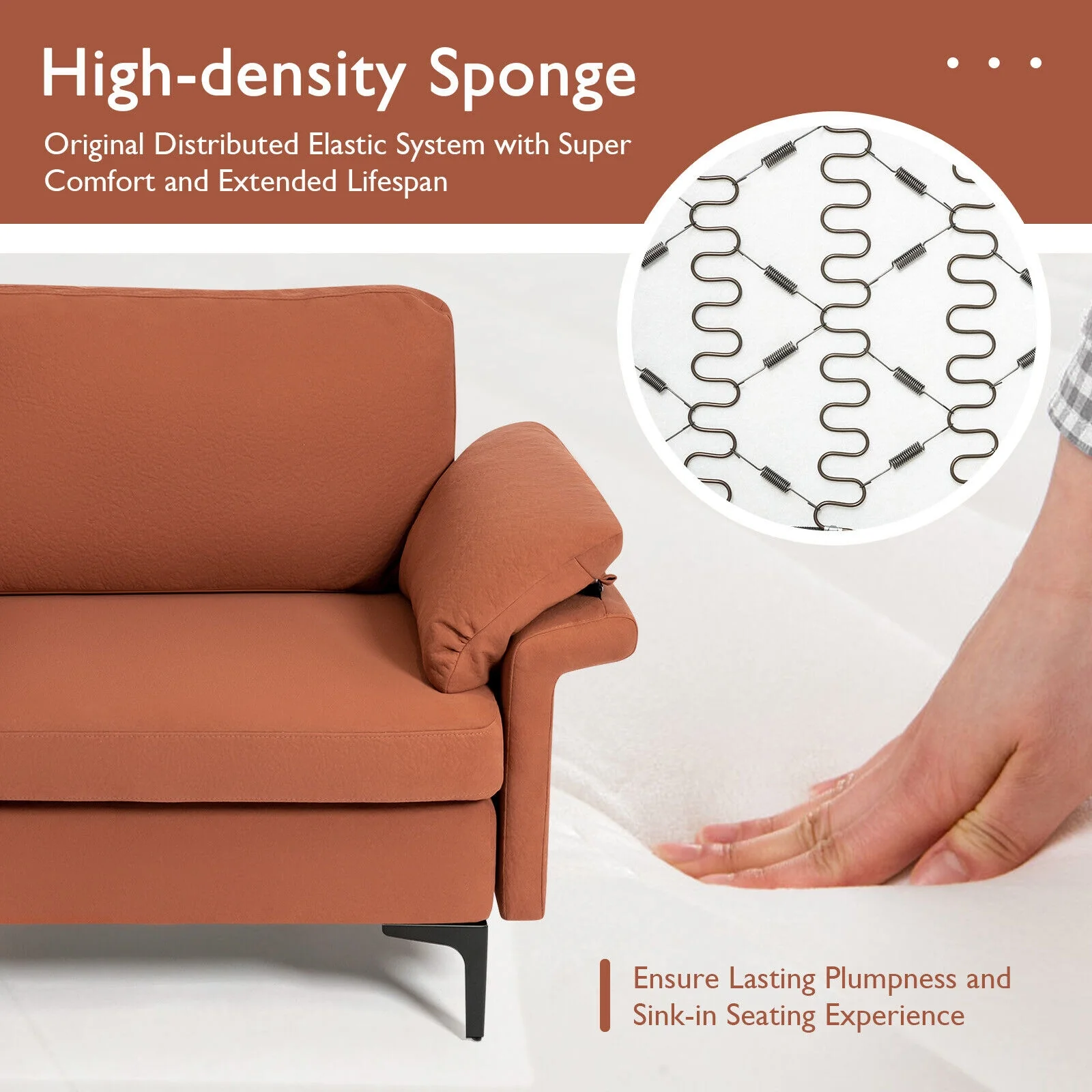 Modern Fabric Loveseat Sofa, Metal Legs, Armrest Pillows, Rust - Image 8