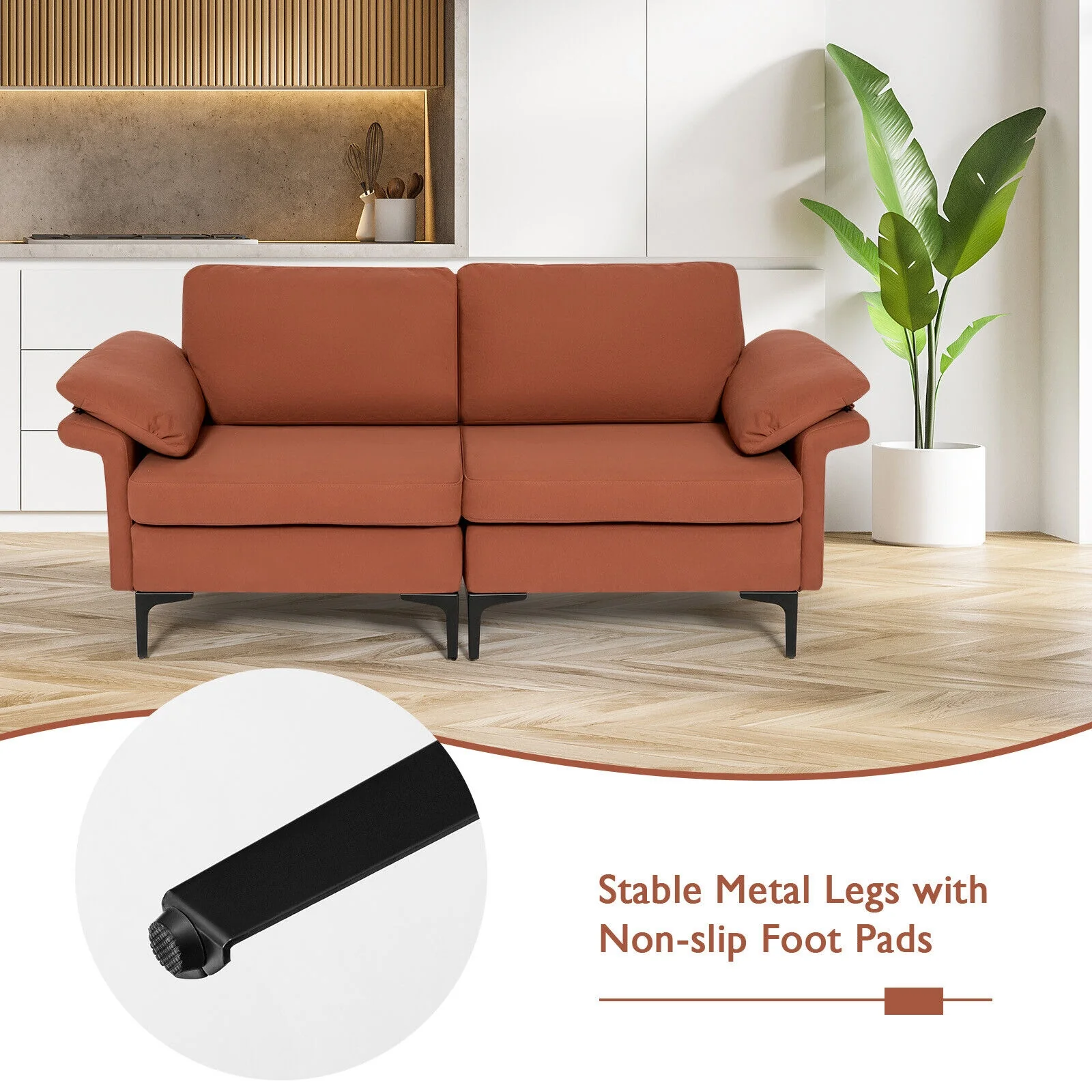 Modern Fabric Loveseat Sofa, Metal Legs, Armrest Pillows, Rust - Image 9