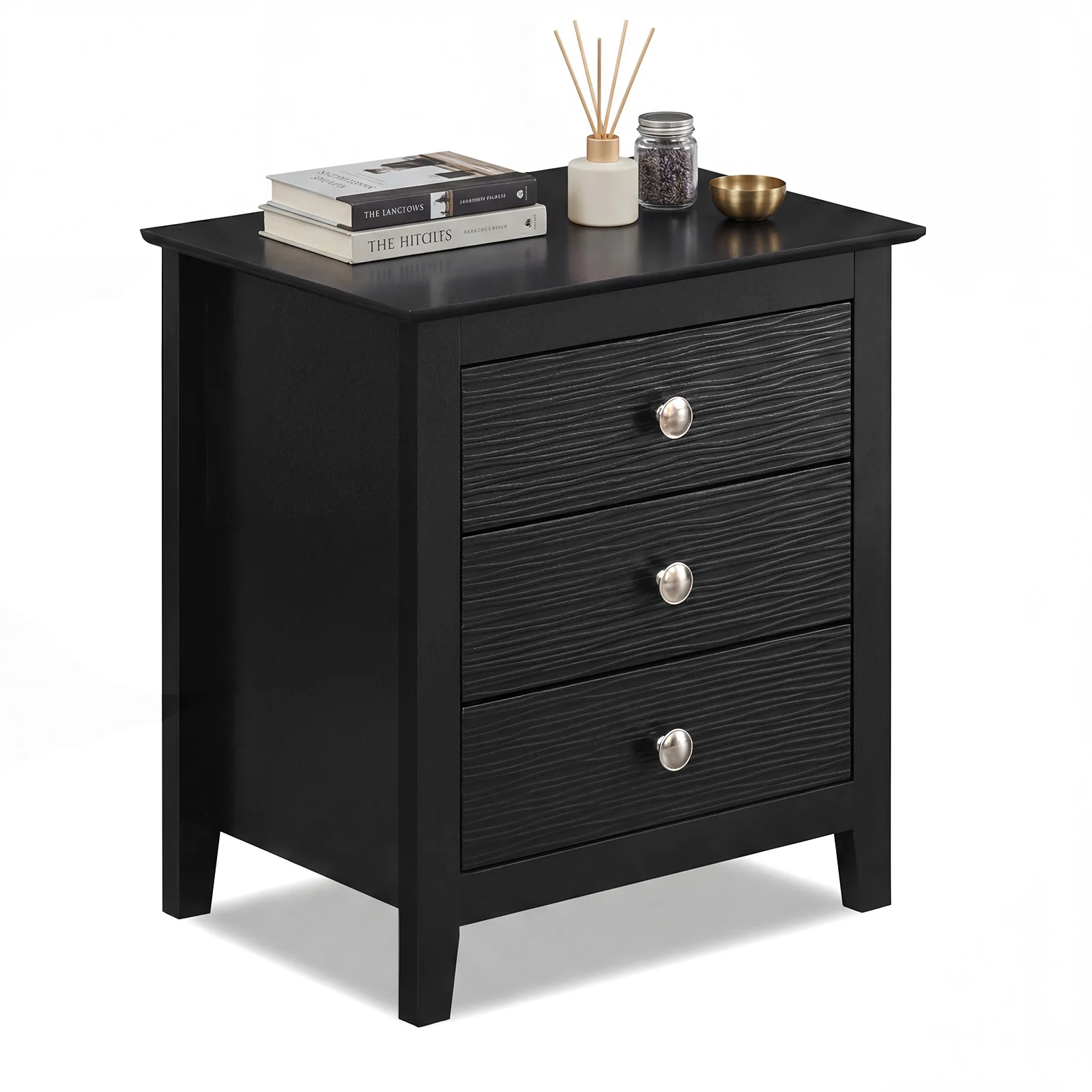 Modern Farmhouse 3-Drawer Nightstand, Wood Grain Accents, Black
