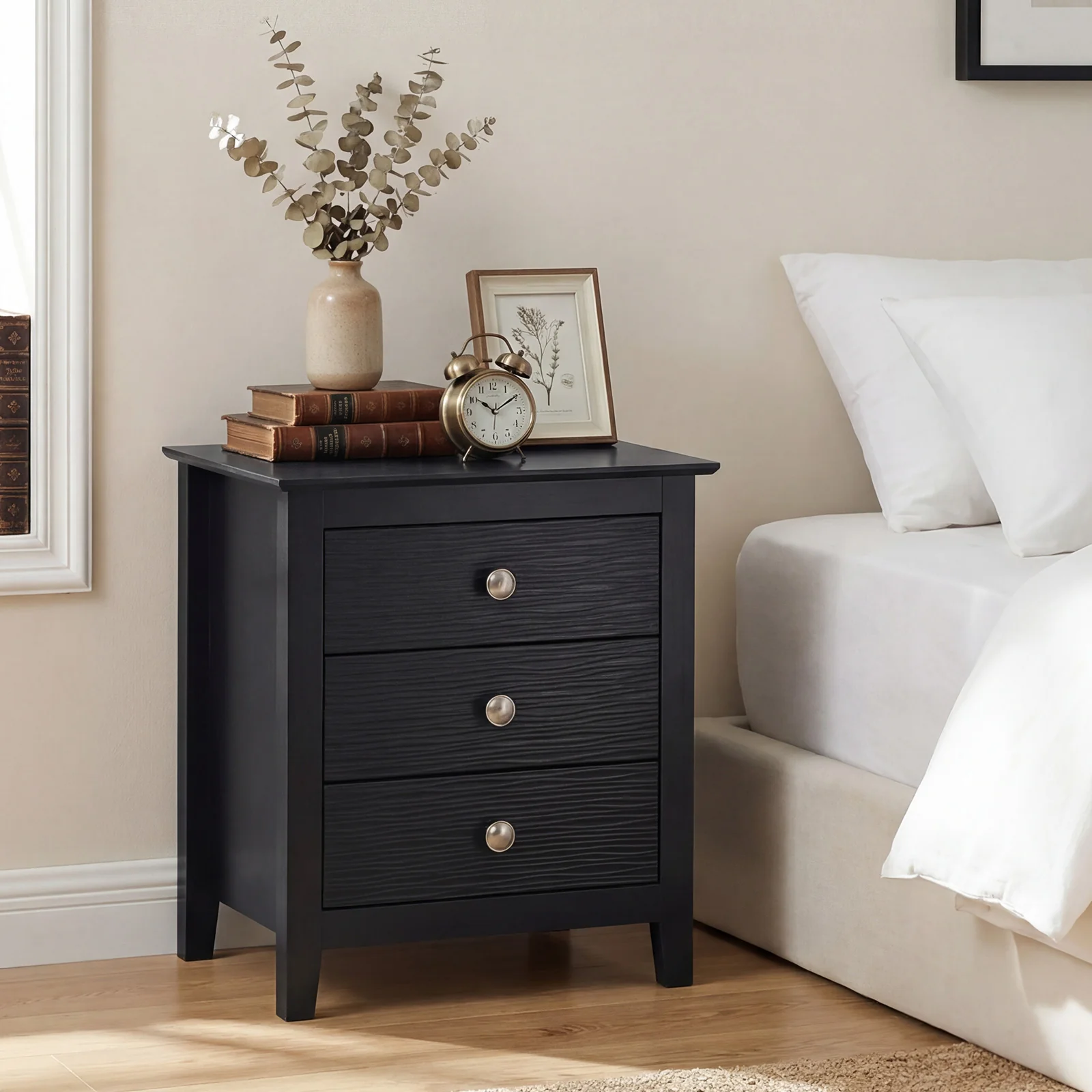 Modern Farmhouse 3-Drawer Nightstand, Wood Grain Accents, Black - Image 2