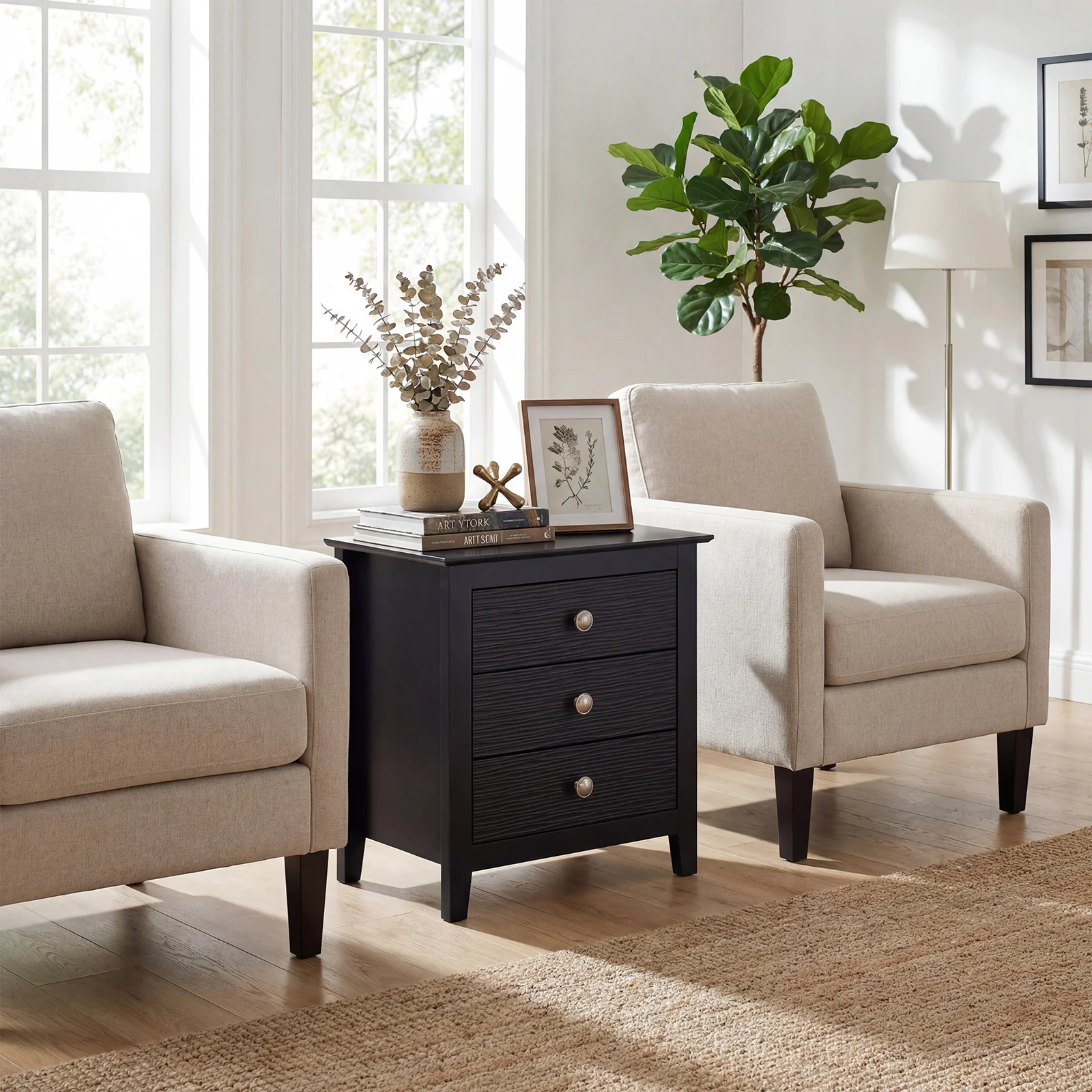 Modern Farmhouse 3-Drawer Nightstand, Wood Grain Accents, Black - Image 3