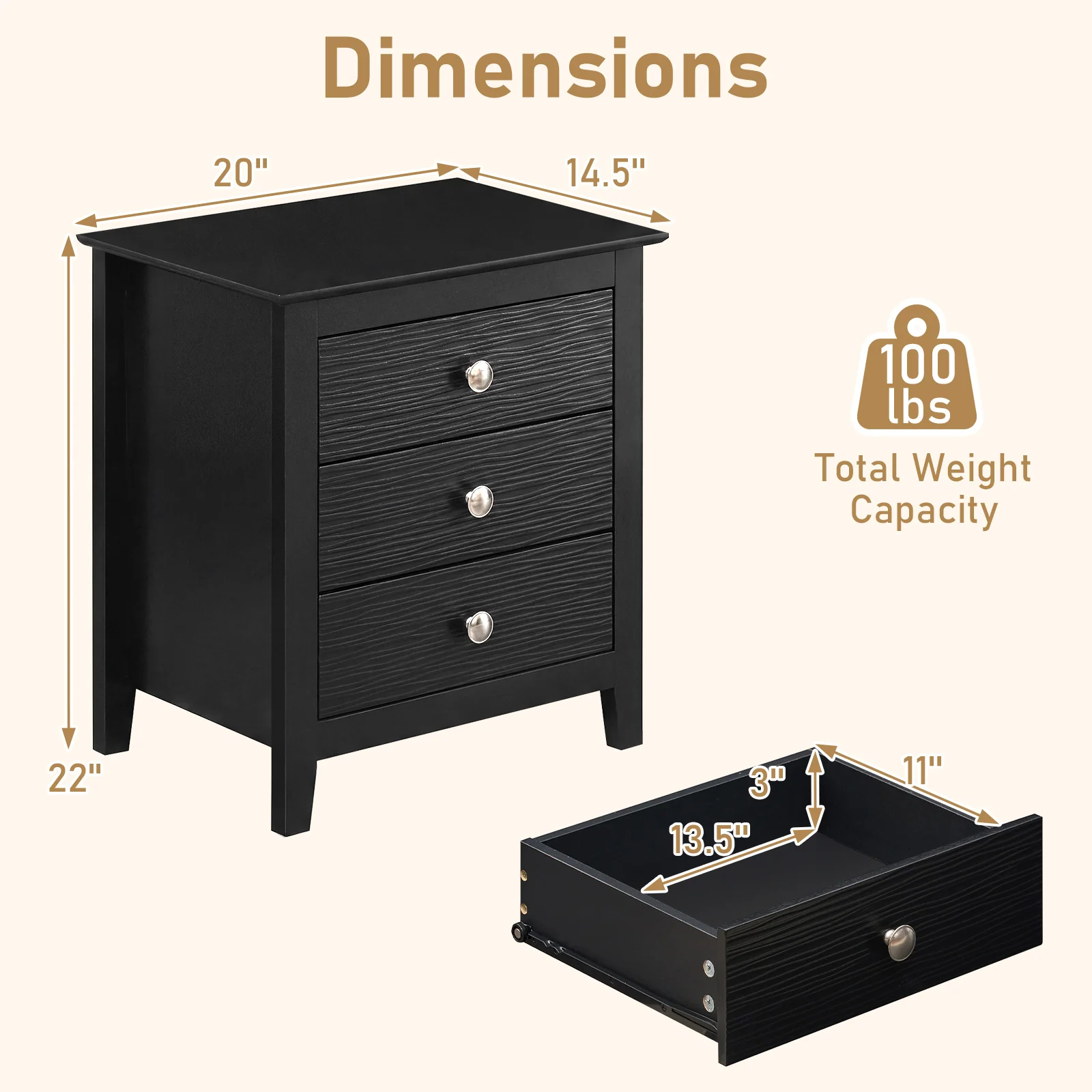 Modern Farmhouse 3-Drawer Nightstand, Wood Grain Accents, Black - Image 5
