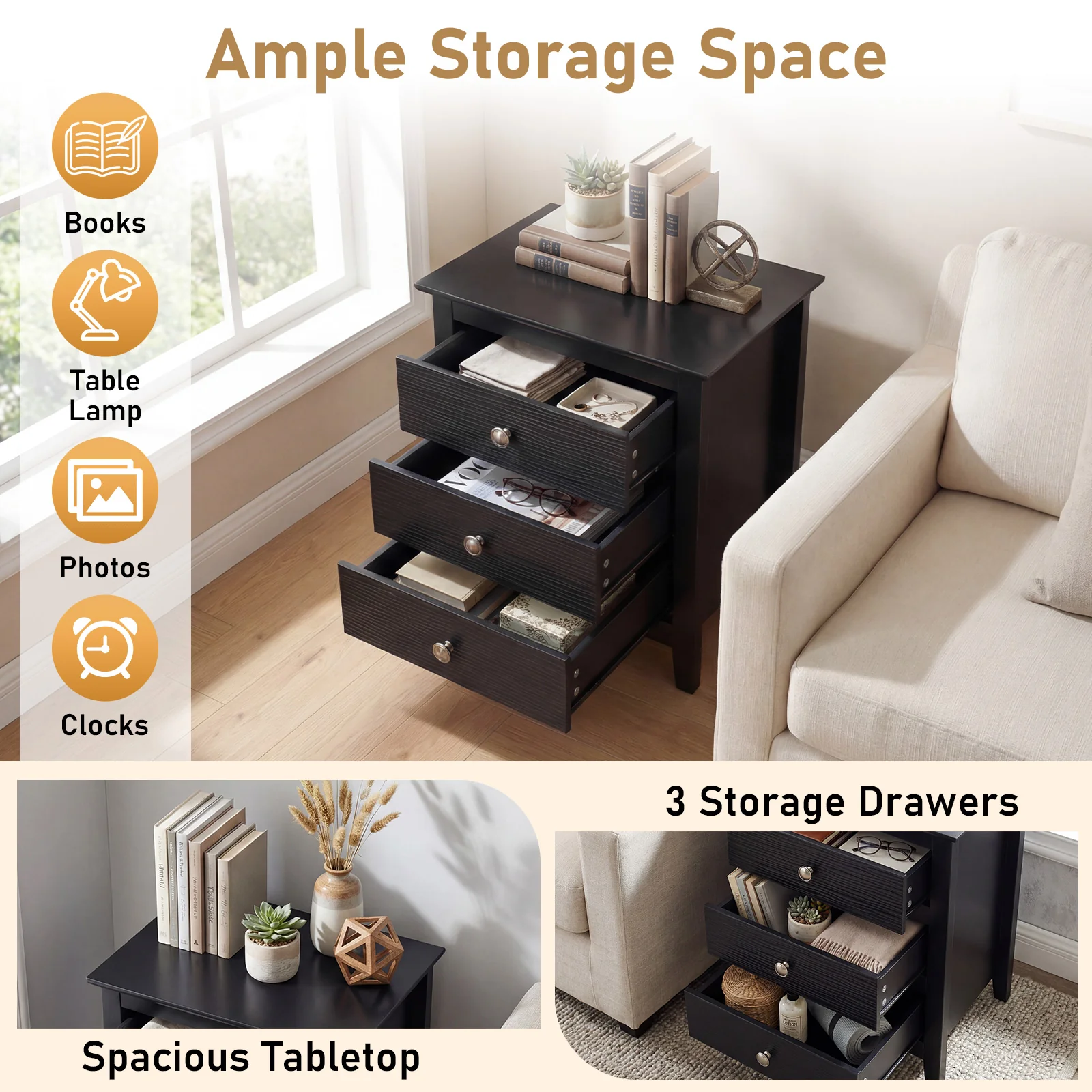 Modern Farmhouse 3-Drawer Nightstand, Wood Grain Accents, Black - Image 6