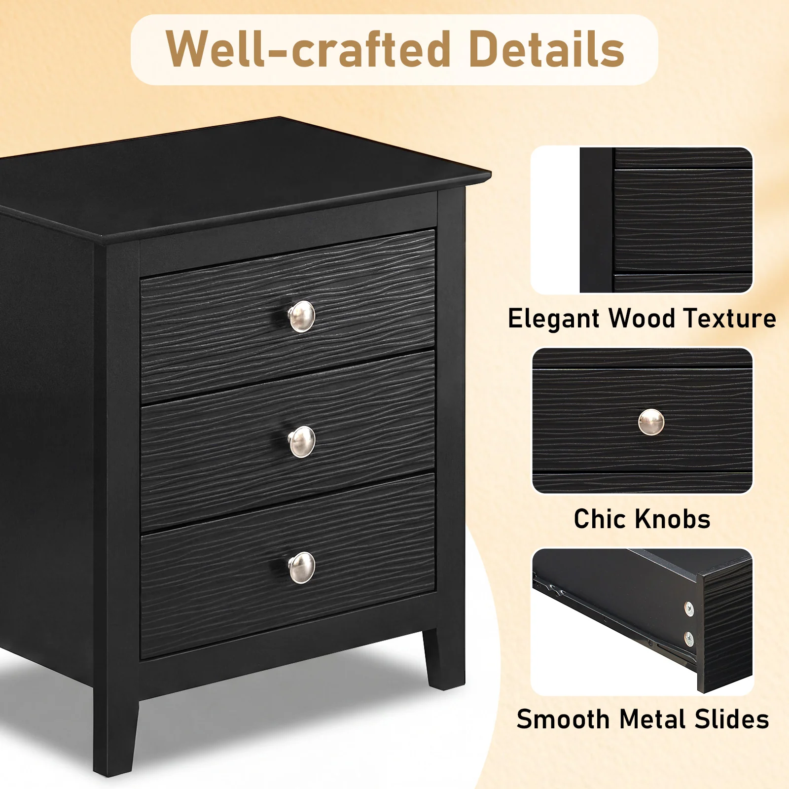 Modern Farmhouse 3-Drawer Nightstand, Wood Grain Accents, Black - Image 7
