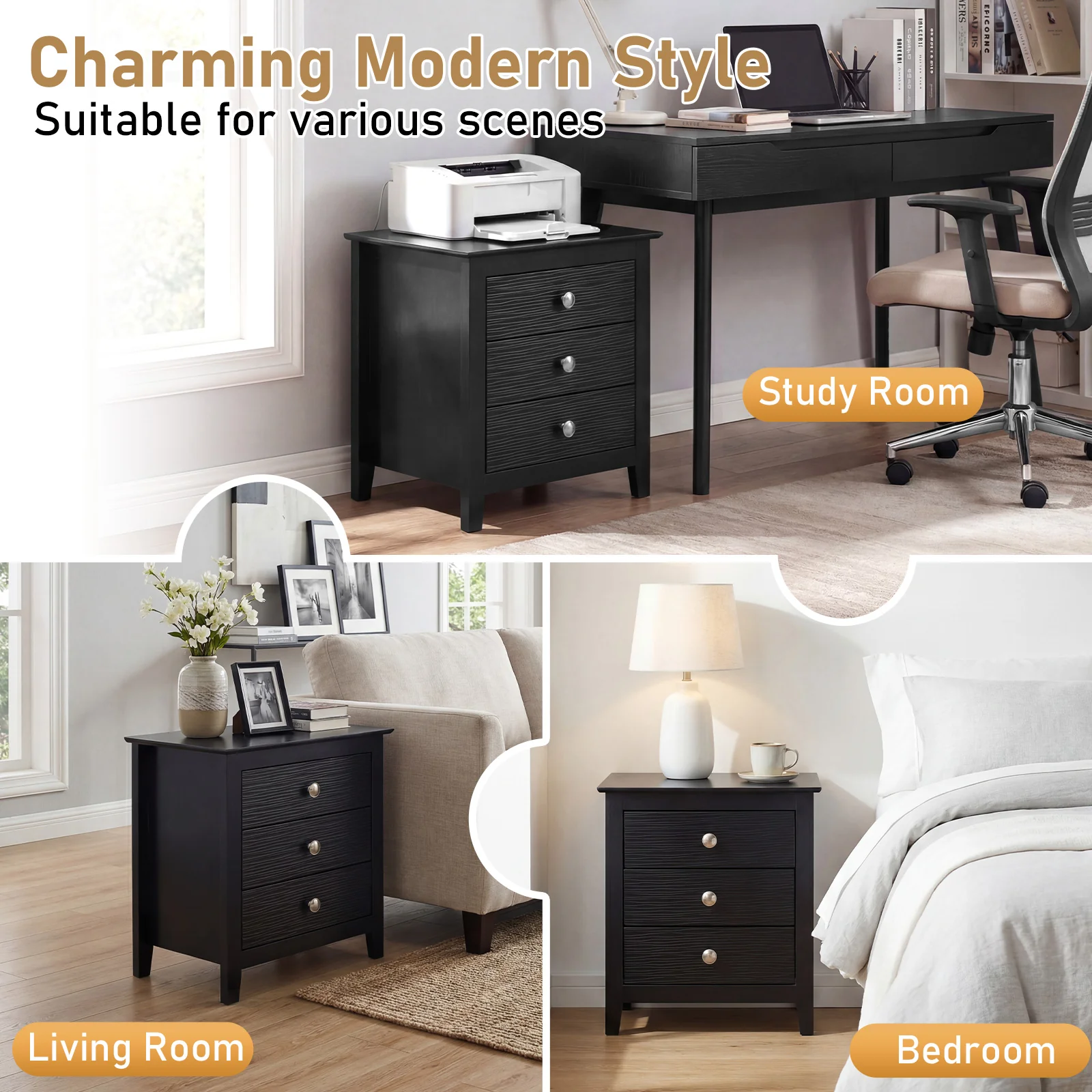 Modern Farmhouse 3-Drawer Nightstand, Wood Grain Accents, Black - Image 8