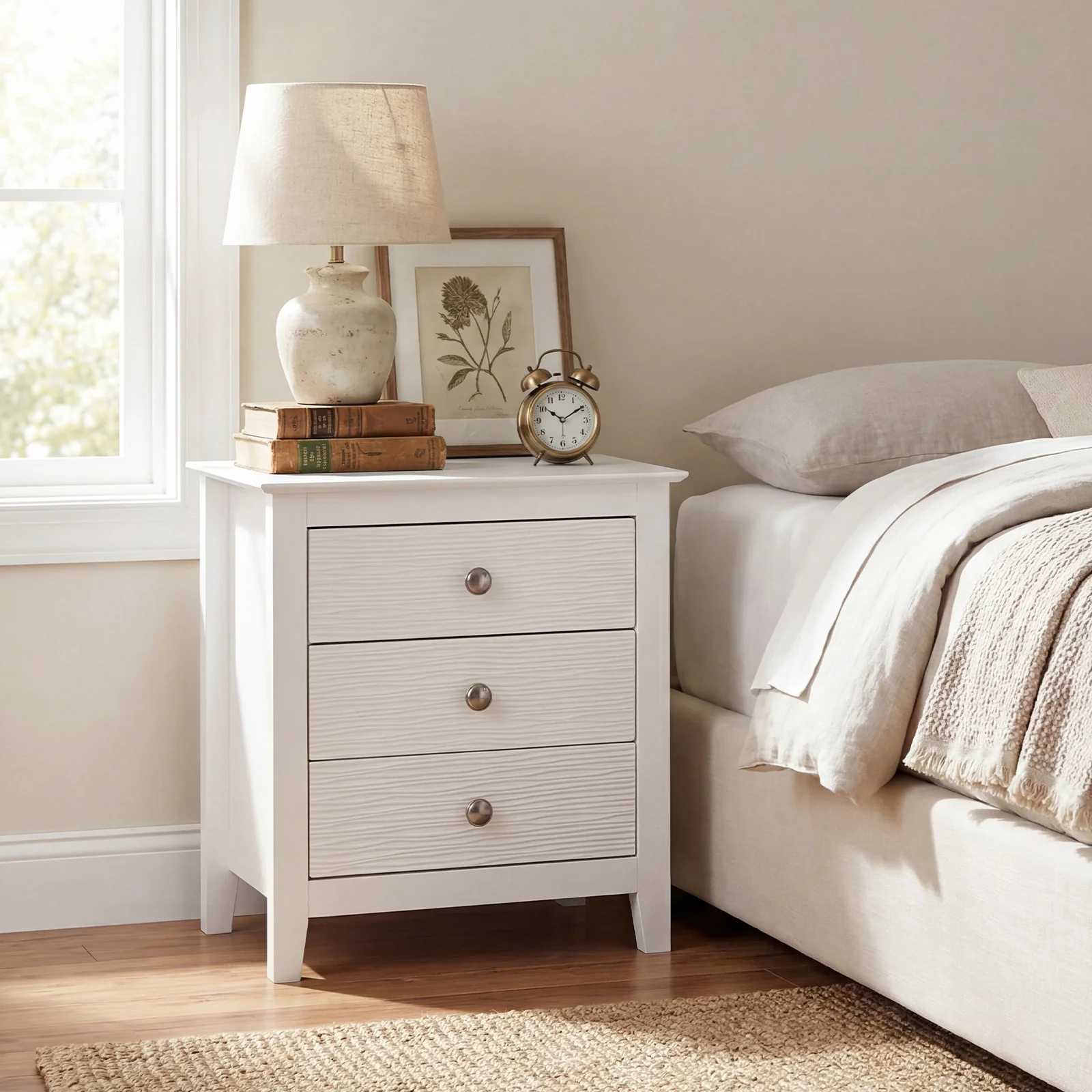 Modern Farmhouse 3-Drawer Nightstand, Wood Grain Accents, White - Image 2
