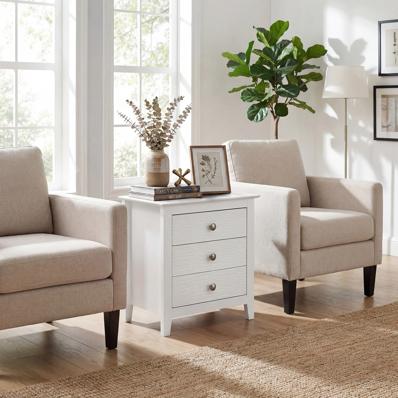 Modern Farmhouse 3-Drawer Nightstand, Wood Grain Accents, White - Image 3
