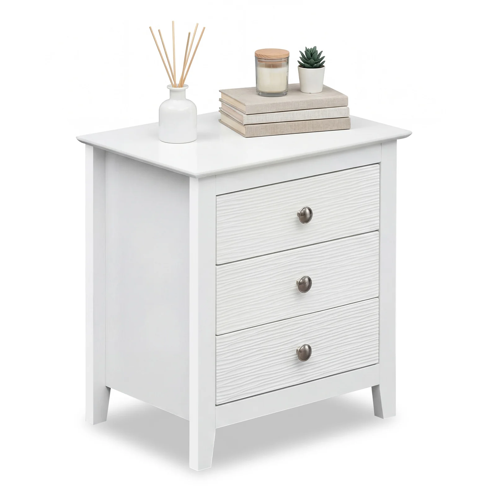 Modern Farmhouse 3-Drawer Nightstand, Wood Grain Accents, White - Image 4