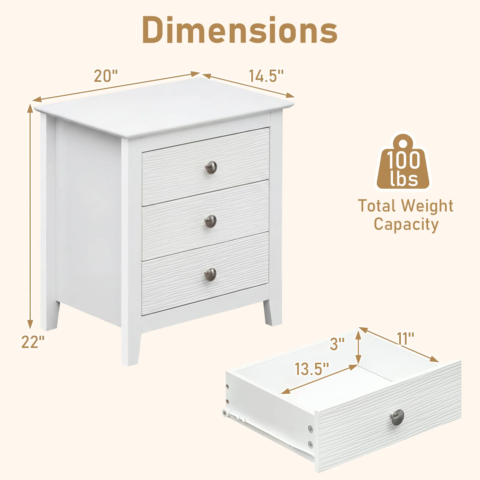 Modern Farmhouse 3-Drawer Nightstand, Wood Grain Accents, White - Image 5