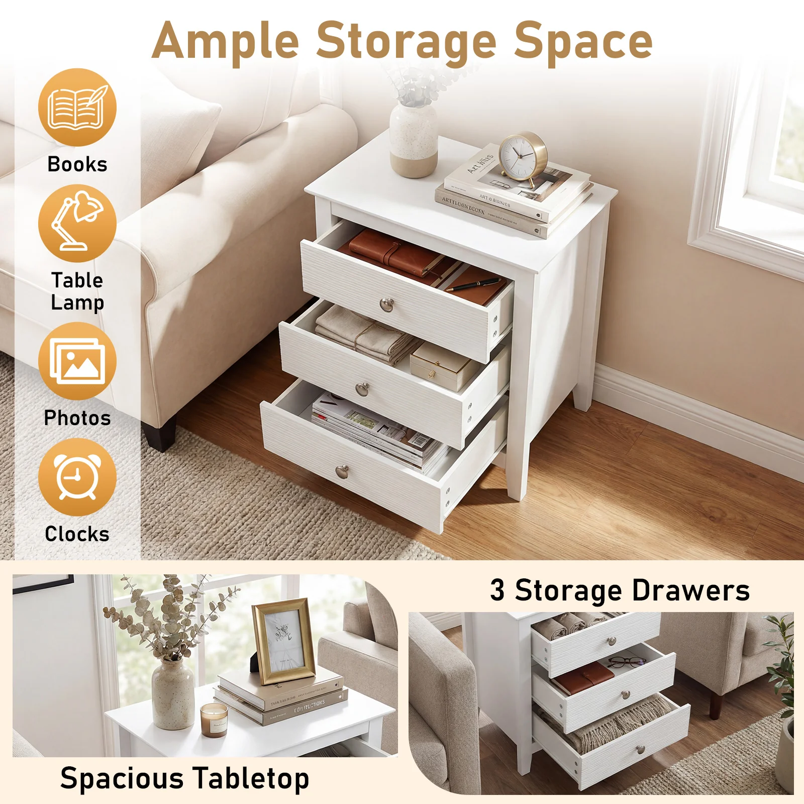 Modern Farmhouse 3-Drawer Nightstand, Wood Grain Accents, White - Image 7