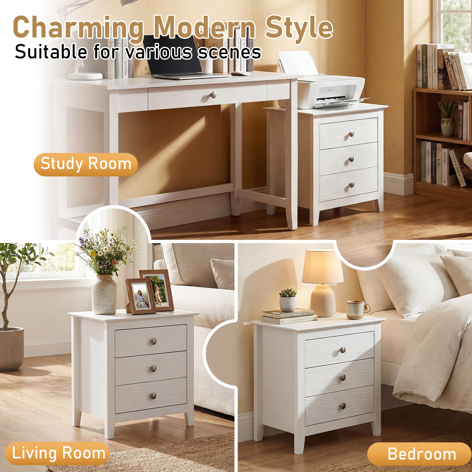 Modern Farmhouse 3-Drawer Nightstand, Wood Grain Accents, White - Image 8