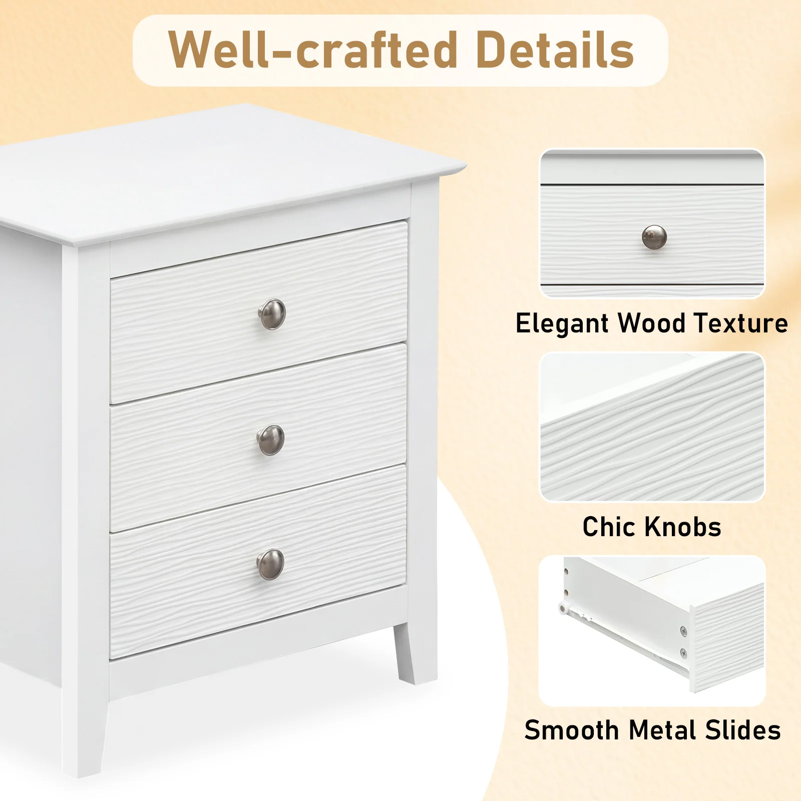 Modern Farmhouse 3-Drawer Nightstand, Wood Grain Accents, White - Image 9