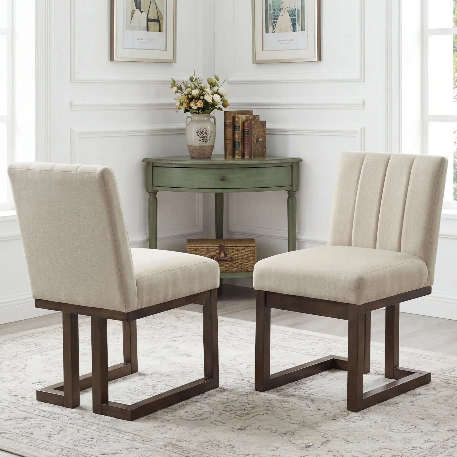Modern Farmhouse Fabric Dining Chairs, Set of 2, 5.5" Thickened Padded Seat, Walnut - Image 2