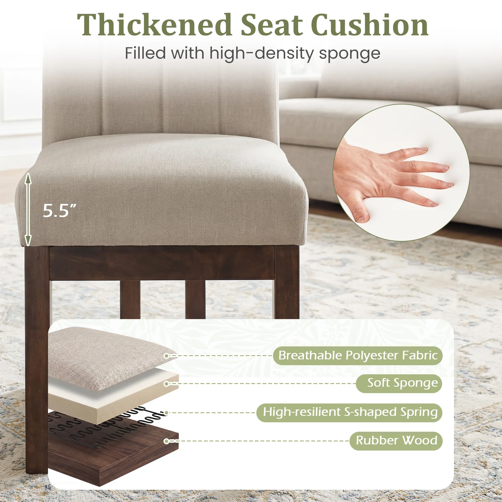 Modern Farmhouse Fabric Dining Chairs, Set of 2, 5.5" Thickened Padded Seat, Walnut - Image 6