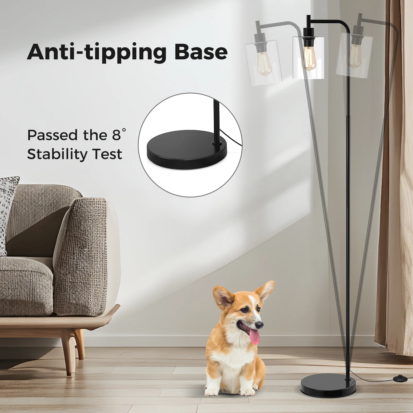 Modern Floor Lamp, Hanging Glass Lampshade, Foot Switch, Black - Image 10