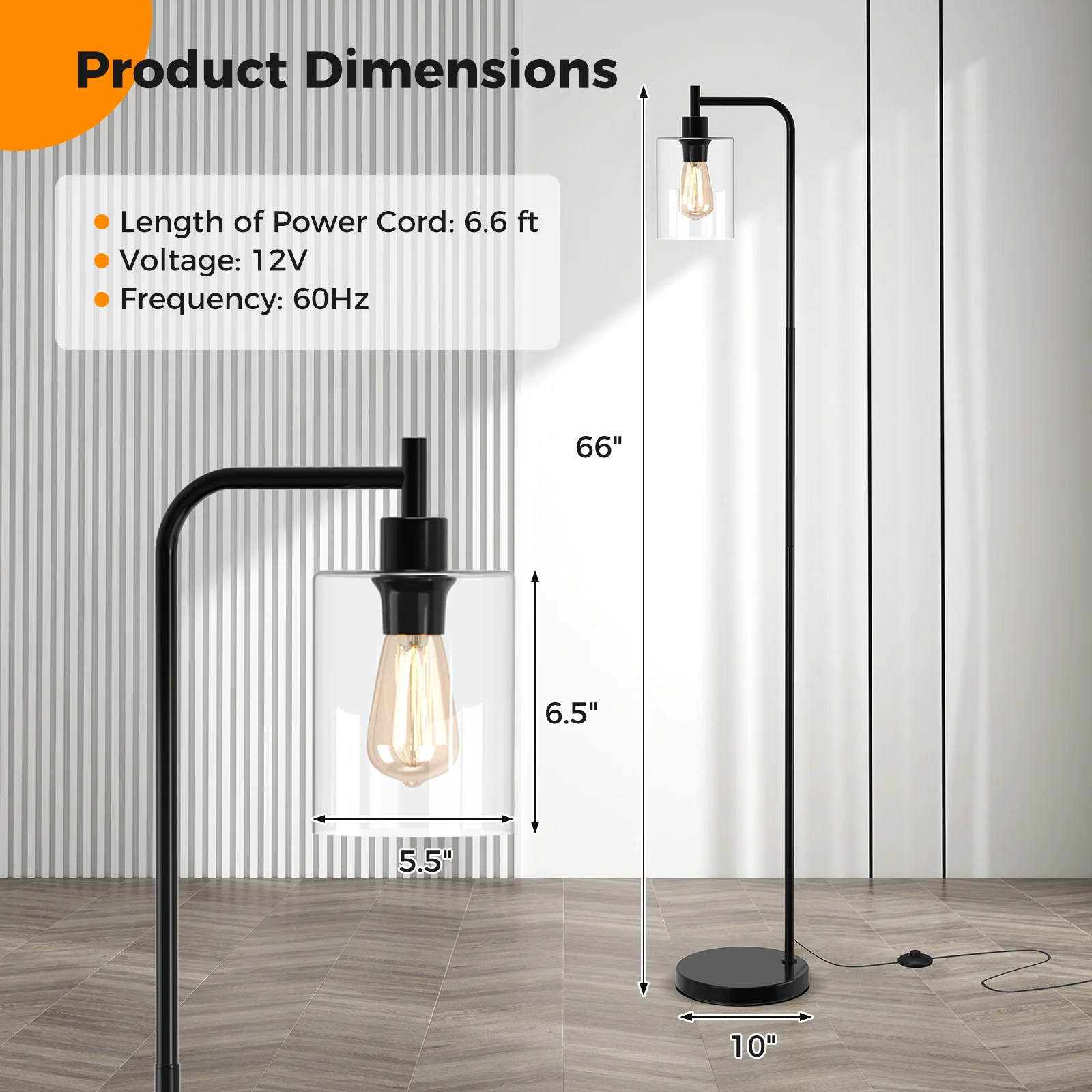 Modern Floor Lamp, Hanging Glass Lampshade, Foot Switch, Black - Image 5