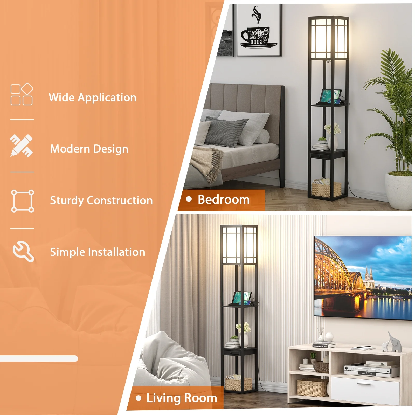 Modern Floor Lamp With Shelves And Drawer, Black - Image 10