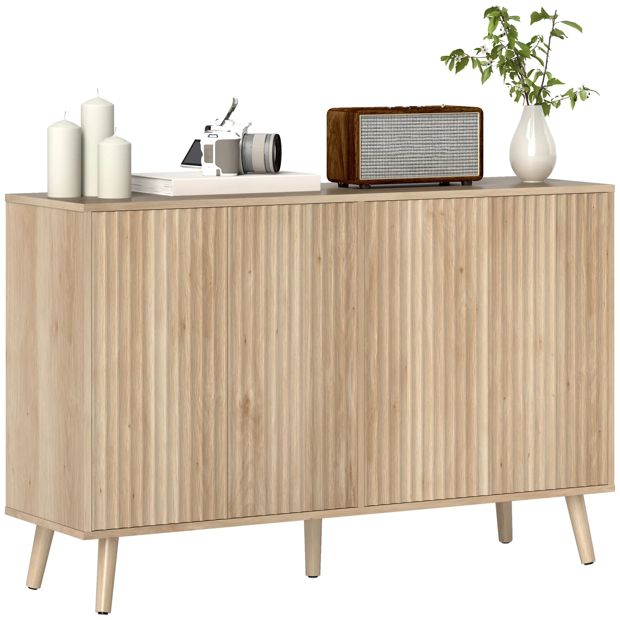 Modern Fluted Buffet Cabinet, Adjustable Shelves, Wood Legs, Oak