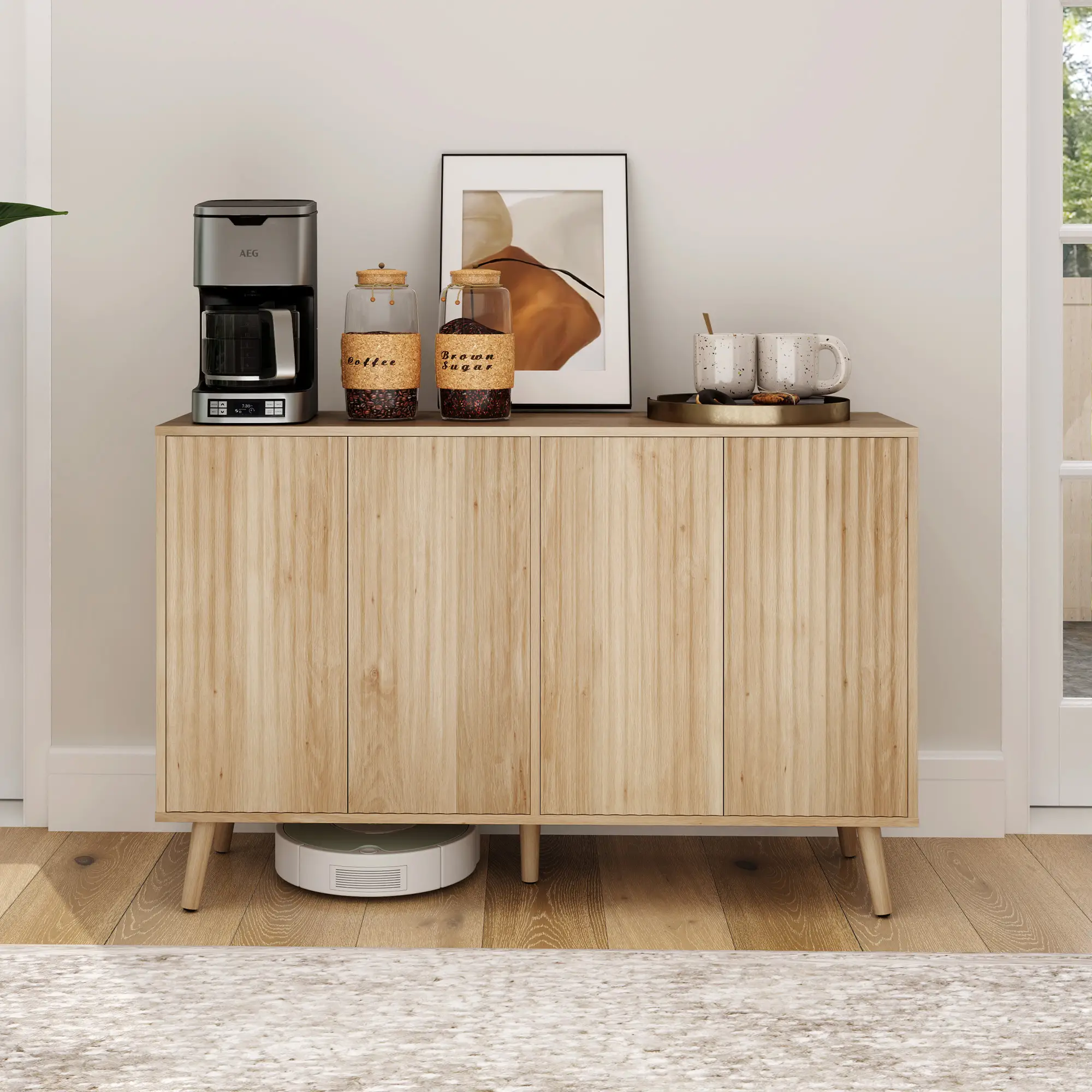 Modern Fluted Buffet Cabinet, Adjustable Shelves, Wood Legs, Oak - Image 10