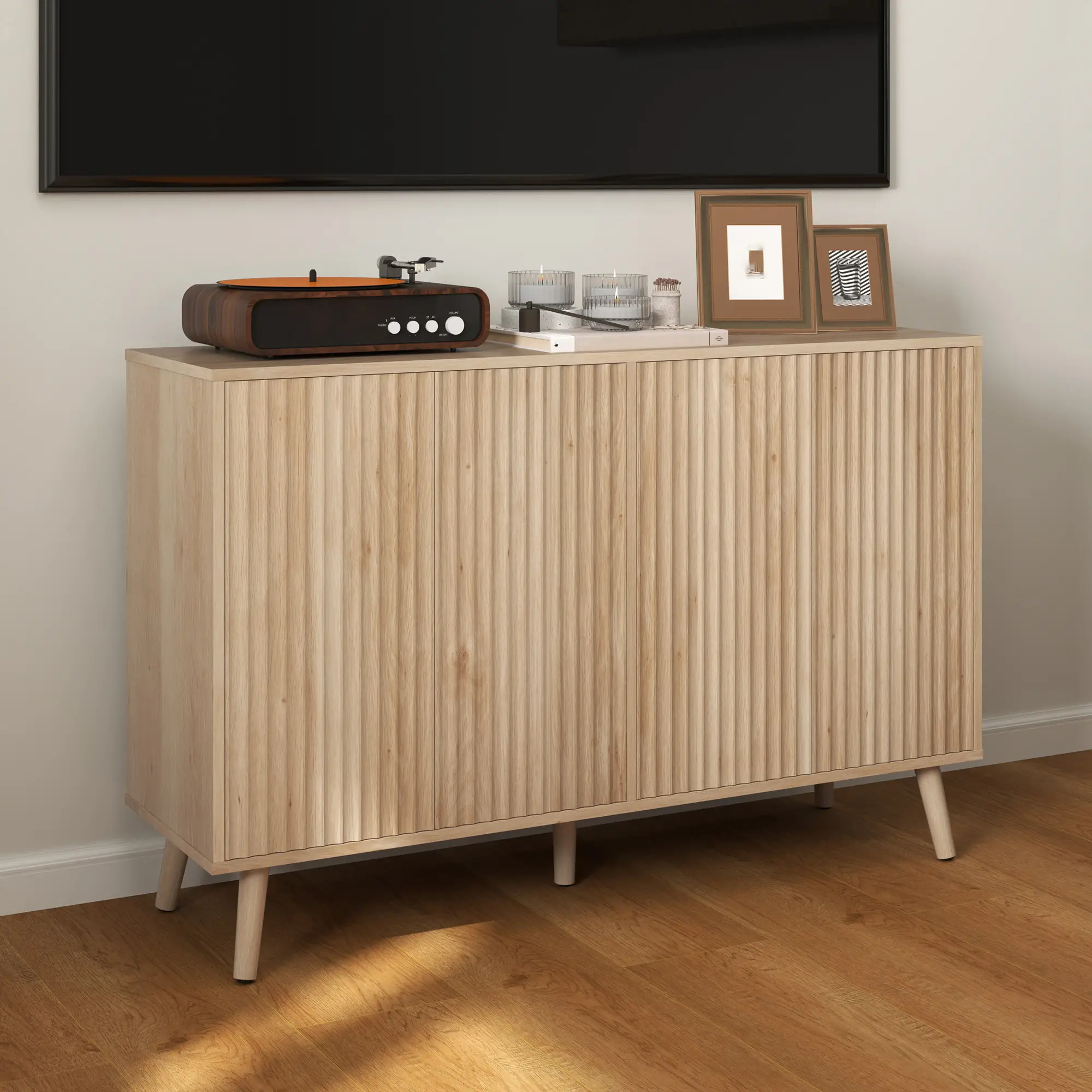 Modern Fluted Buffet Cabinet, Adjustable Shelves, Wood Legs, Oak - Image 2