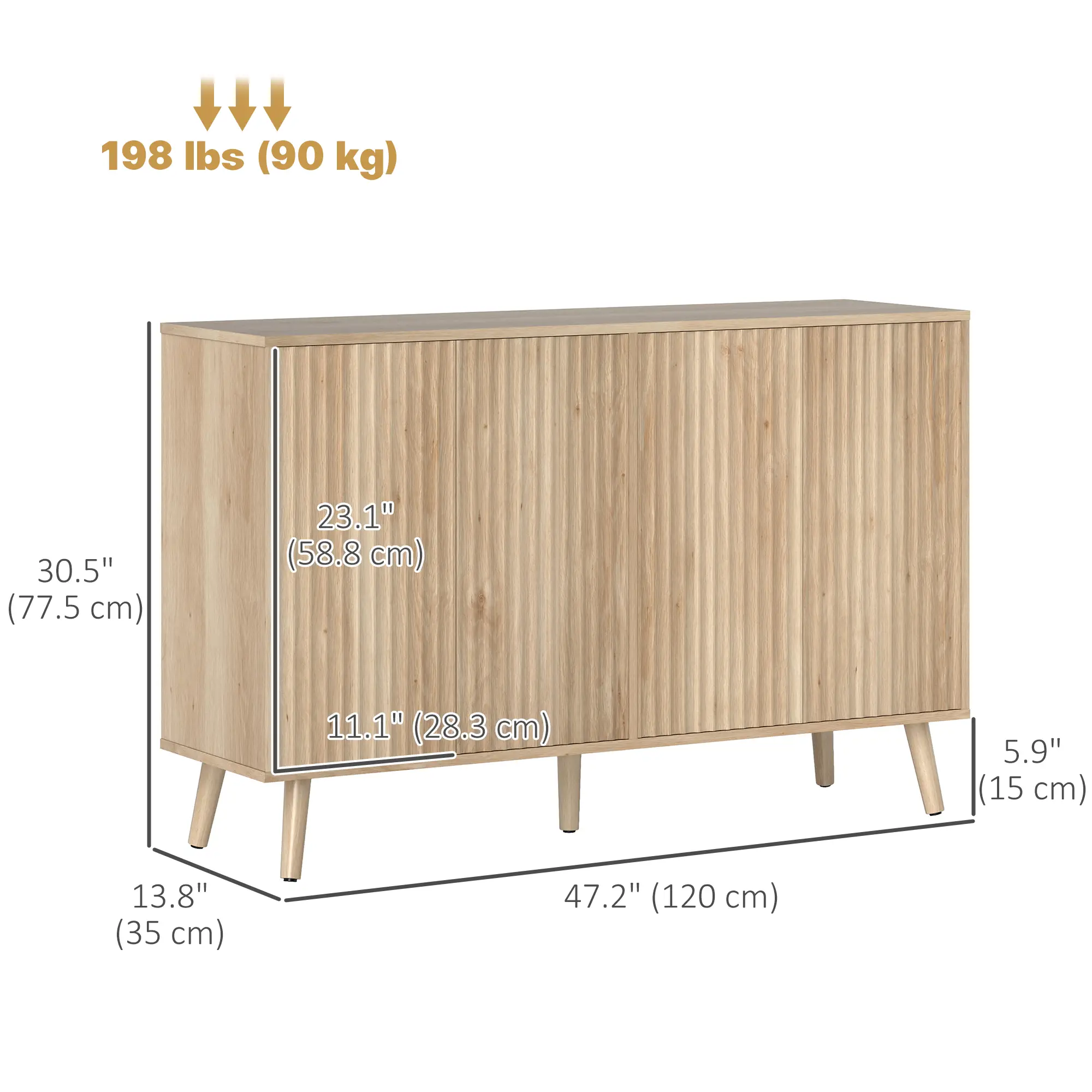 Modern Fluted Buffet Cabinet, Adjustable Shelves, Wood Legs, Oak - Image 3