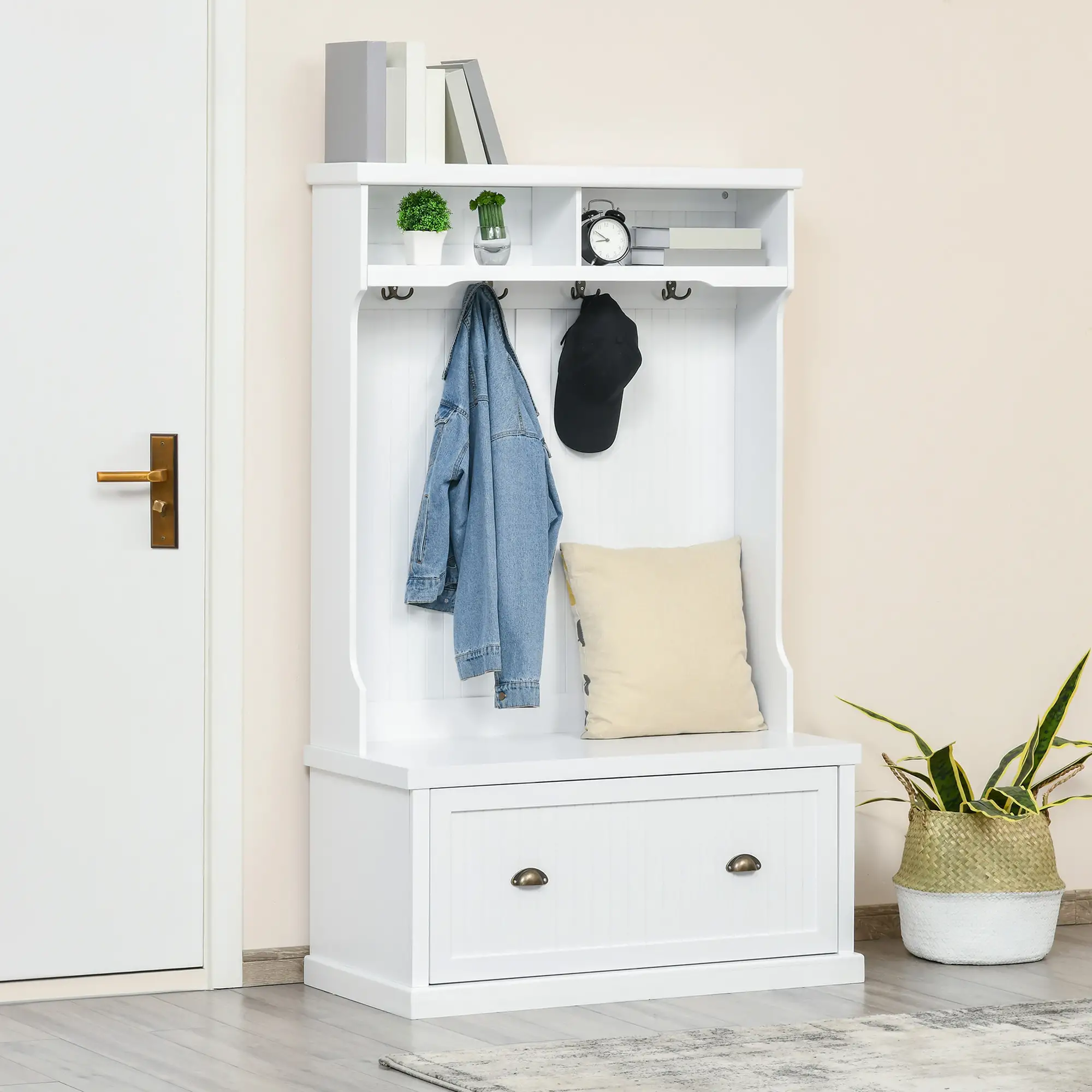 Modern Hall Tree, Coat Rack With Shoe Storage Bench, 3-in-1 Wardrobe, White - Image 2