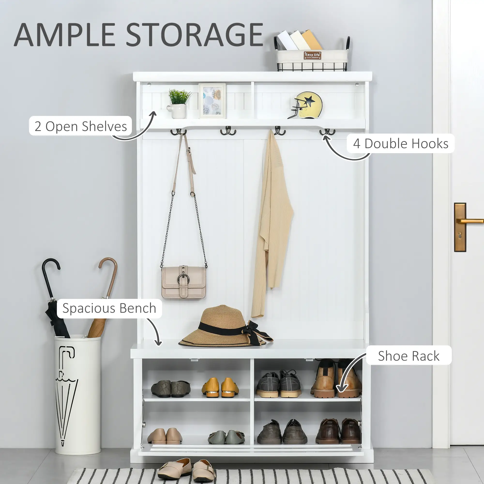 Modern Hall Tree, Coat Rack With Shoe Storage Bench, 3-in-1 Wardrobe, White - Image 4