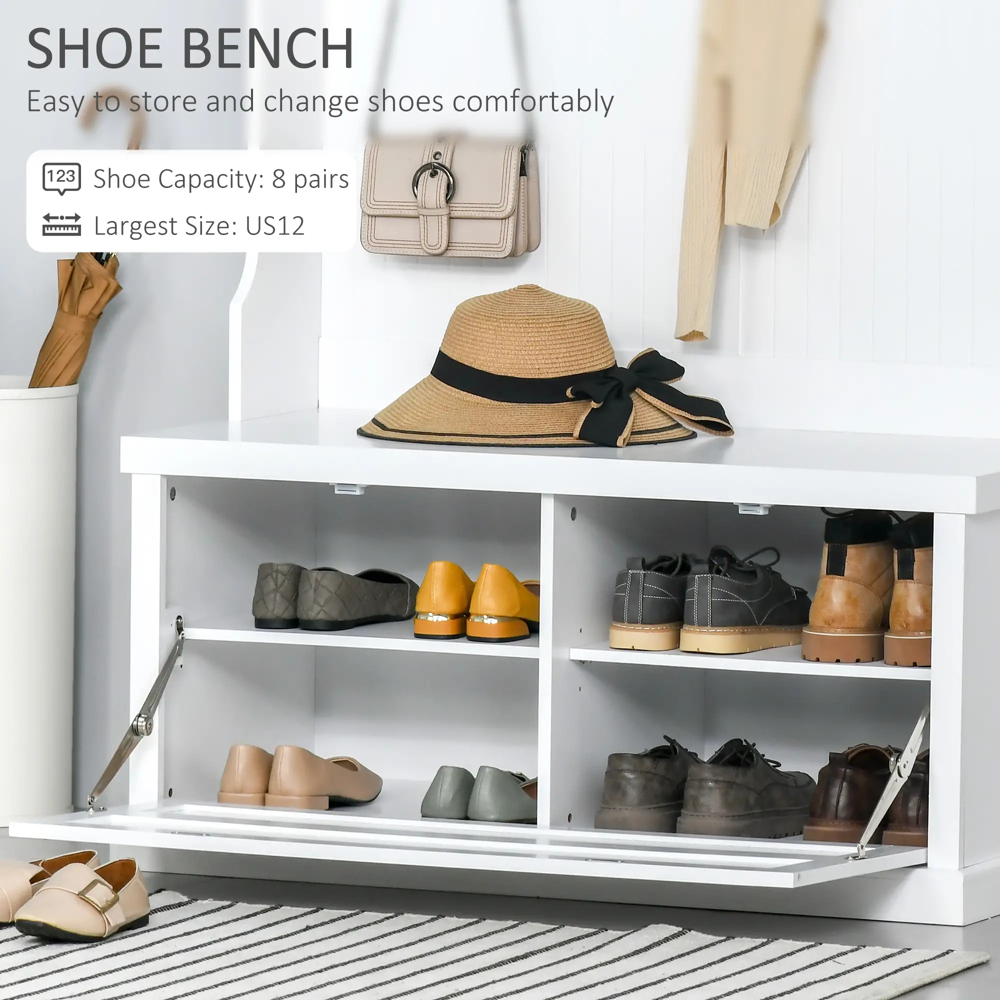 Modern Hall Tree, Coat Rack With Shoe Storage Bench, 3-in-1 Wardrobe, White - Image 5