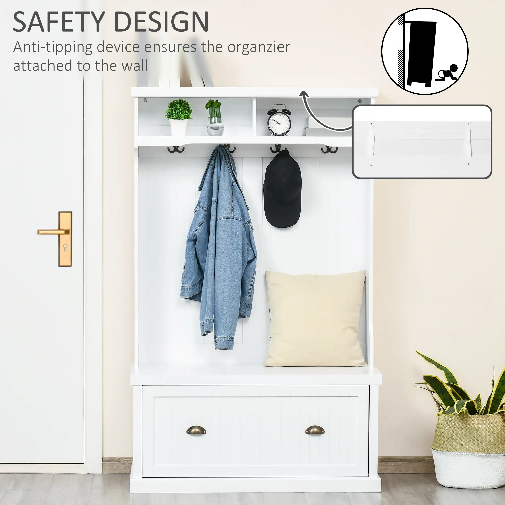 Modern Hall Tree, Coat Rack With Shoe Storage Bench, 3-in-1 Wardrobe, White - Image 7