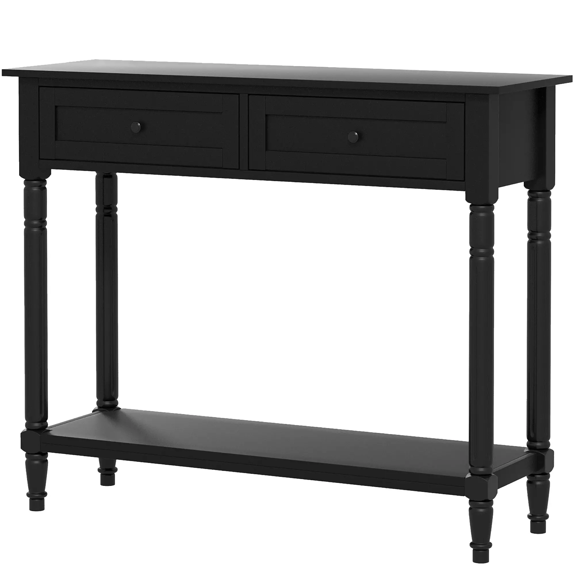 Modern Hallway Console Table, 2 Drawers, Storage Shelf, Turned Legs, Black