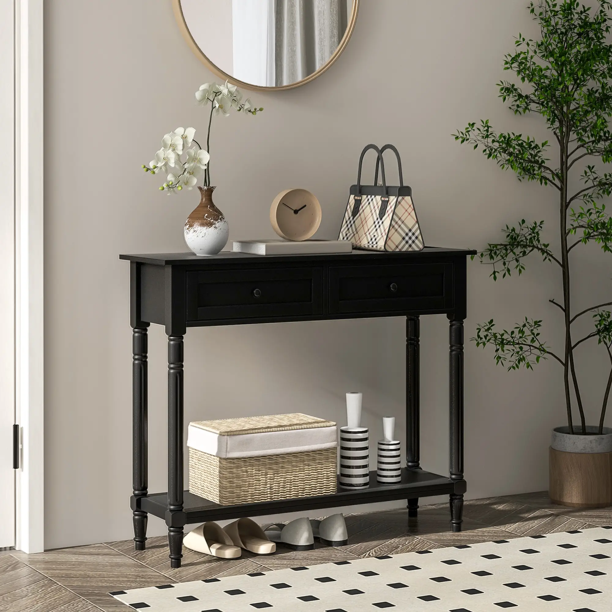 Modern Hallway Console Table, 2 Drawers, Storage Shelf, Turned Legs, Black - Image 2